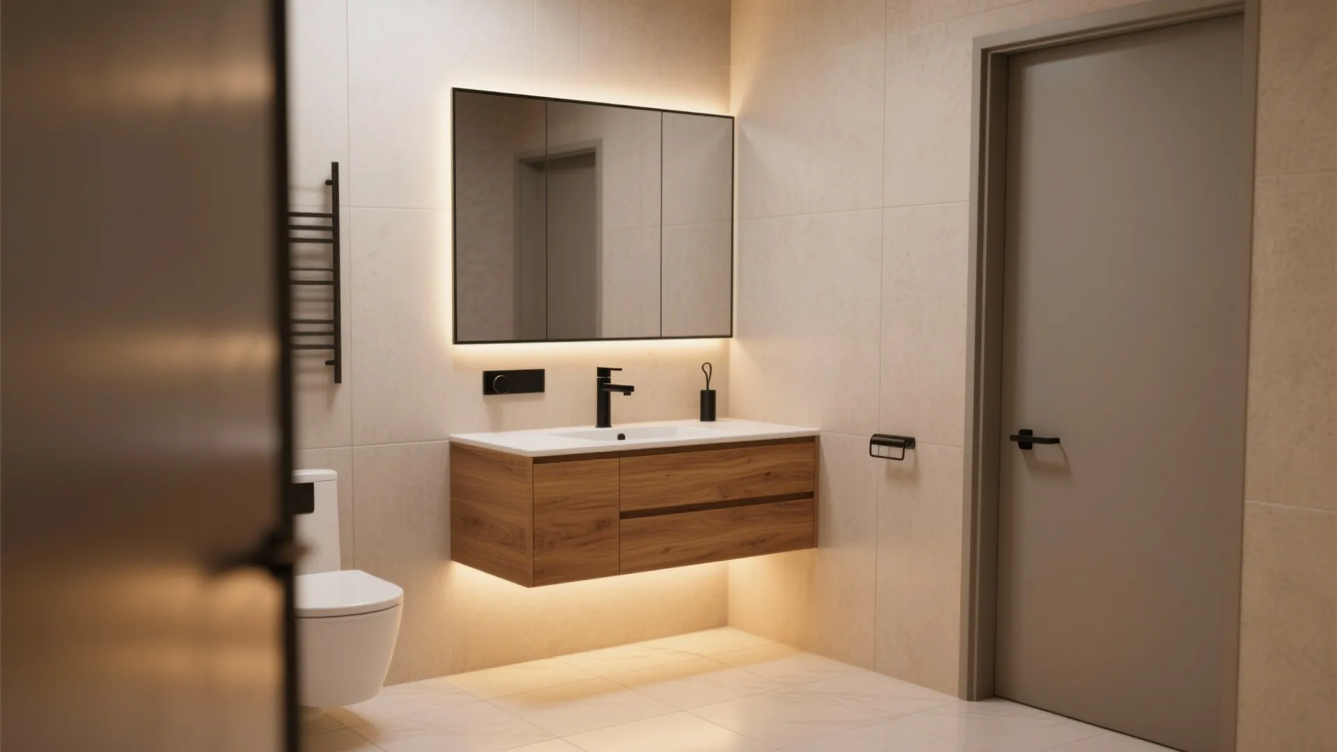 Modern bathroom featuring floating wooden cabinet backlit mirror black faucet toilet and warm beige tiles