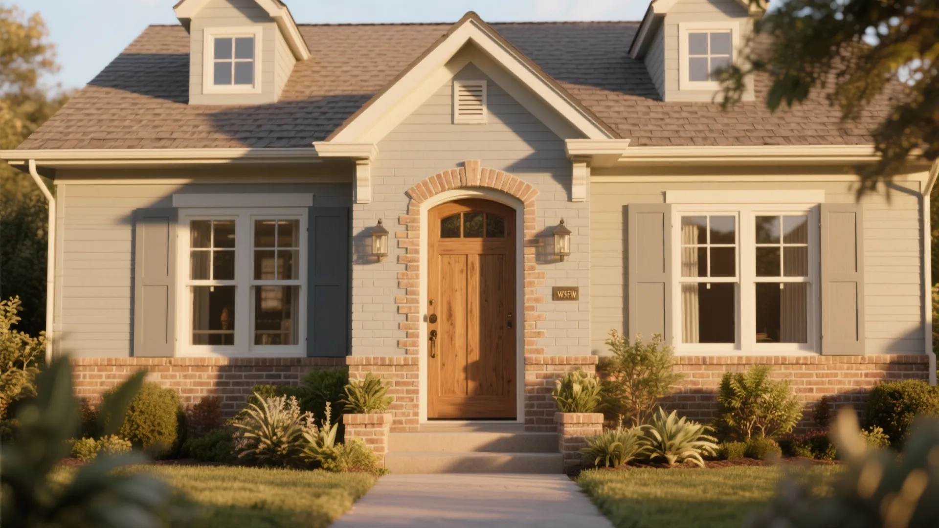 Small gray house with wooden front door brick accents roof windows and green garden plants