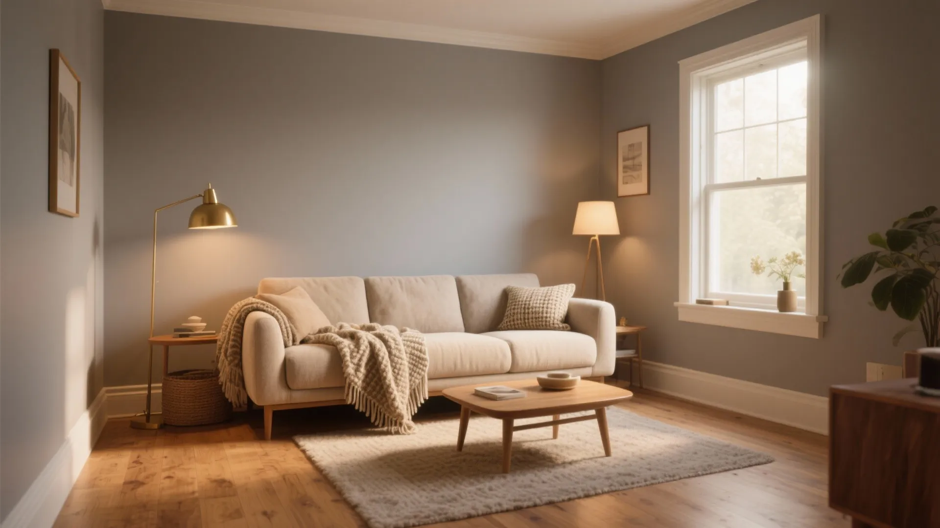 Small cozy living room with warm greige walls, warm wood flooring and brass accents.