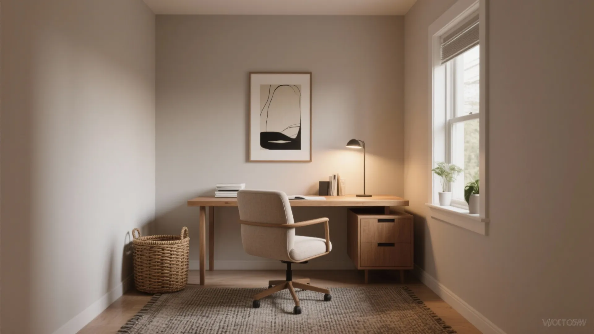 Cozy professional small office painted warm greige with textured decor and soft LED lighting.