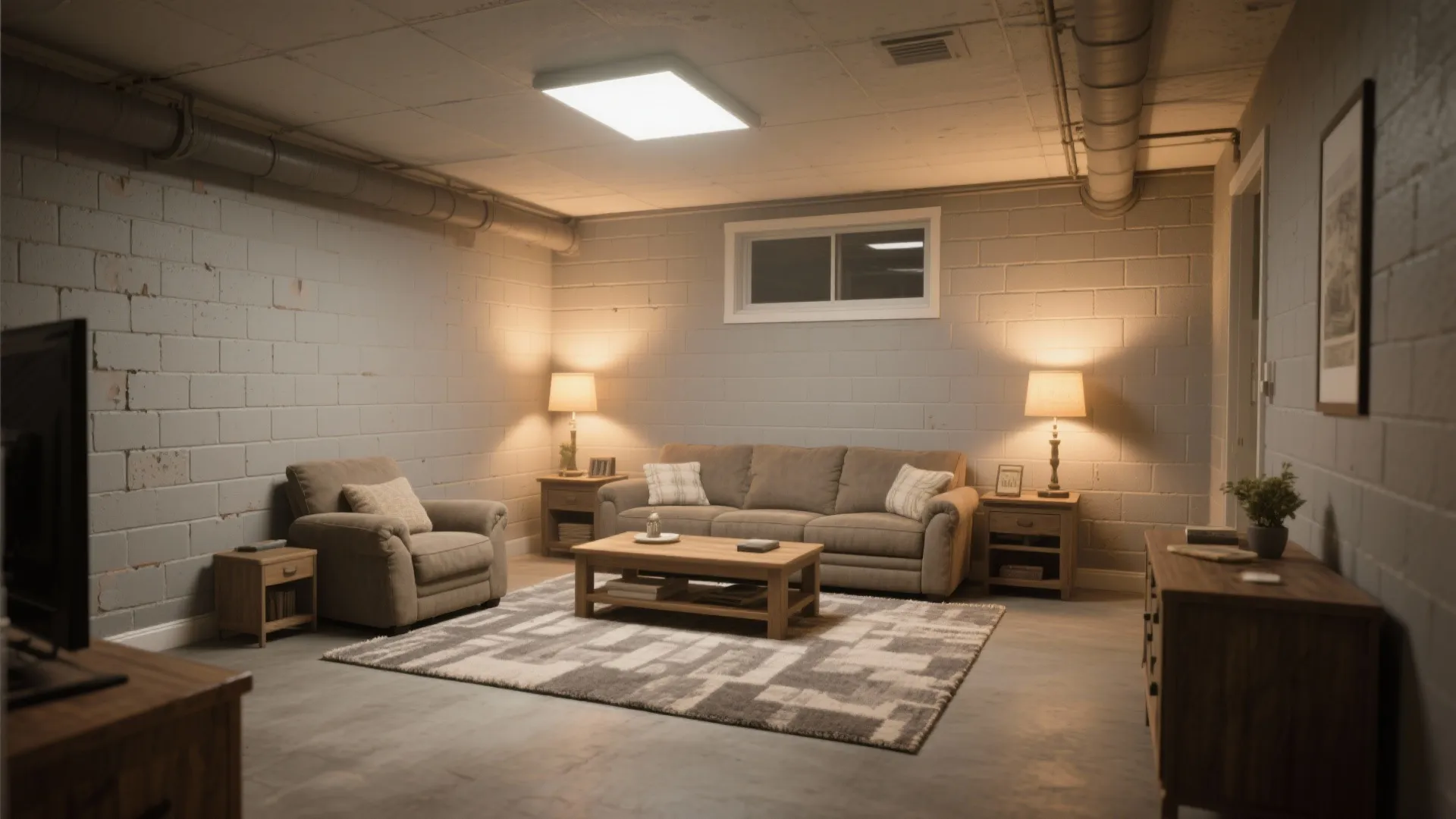 Cozy basement room with warm greige painted block walls, rug, and soft lighting.
