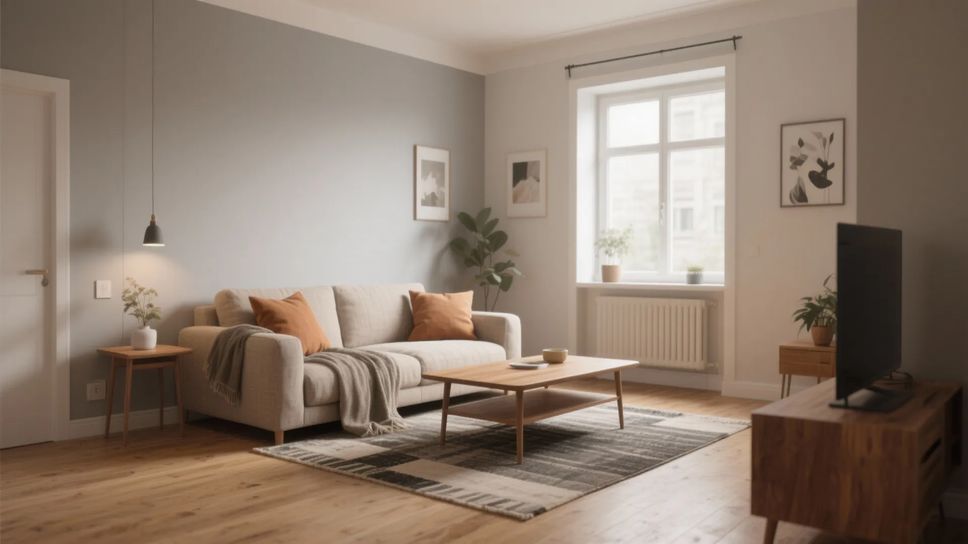 Modern living room featuring a grey sofa wooden coffee table patterned rug and large bright window