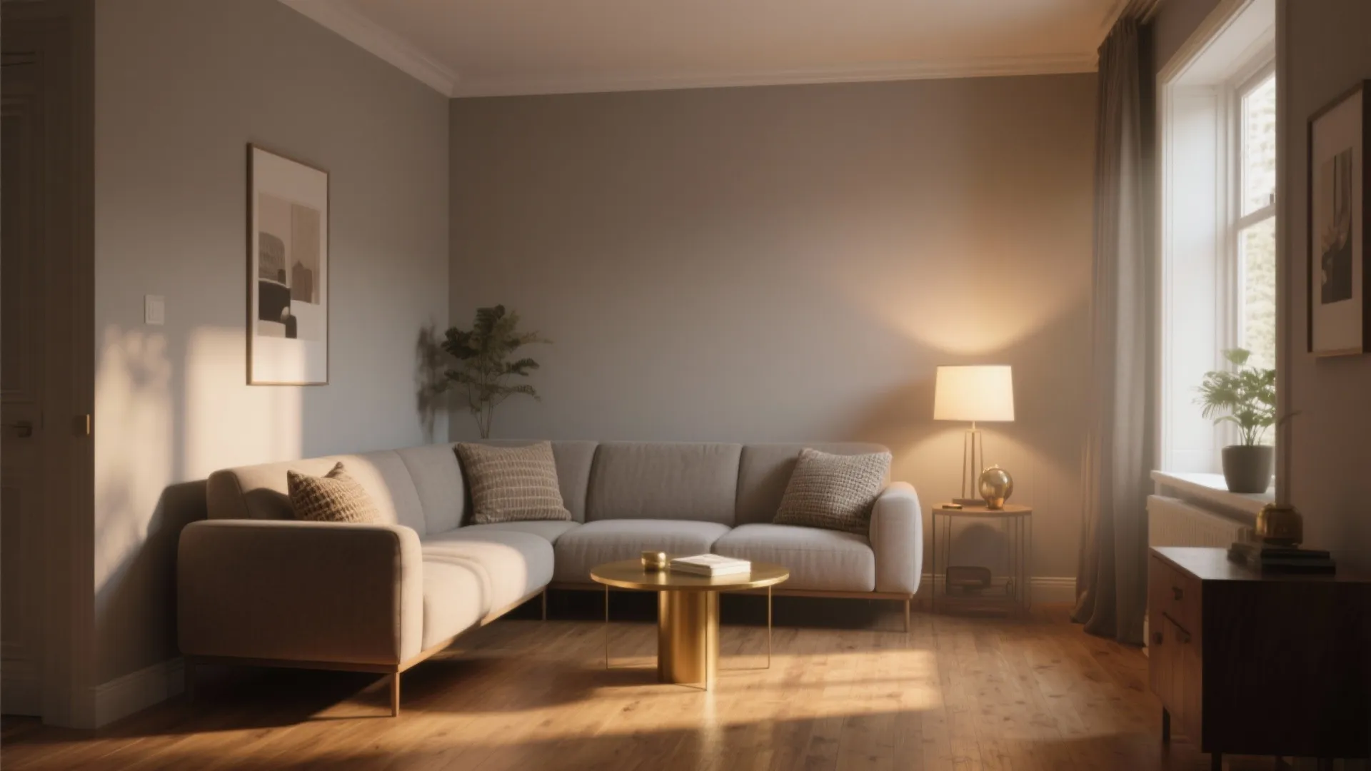 Compact living room painted warm greige with wood floors and brass accents in soft daylight.