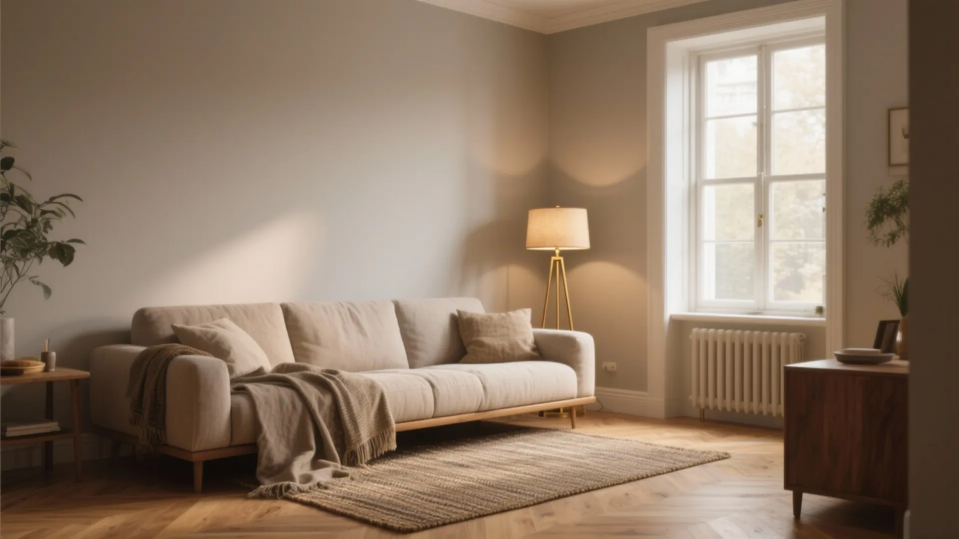 Warm greige living room with a beige sofa wooden floor floor lamp and large window