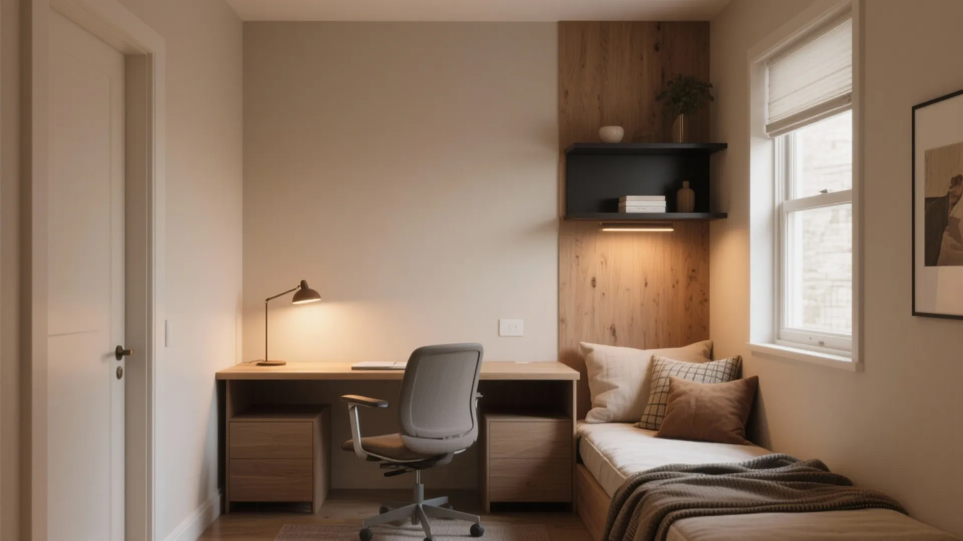 Compact office-guest nook with warm greige walls, a dark accent shelf and layered warm textiles.