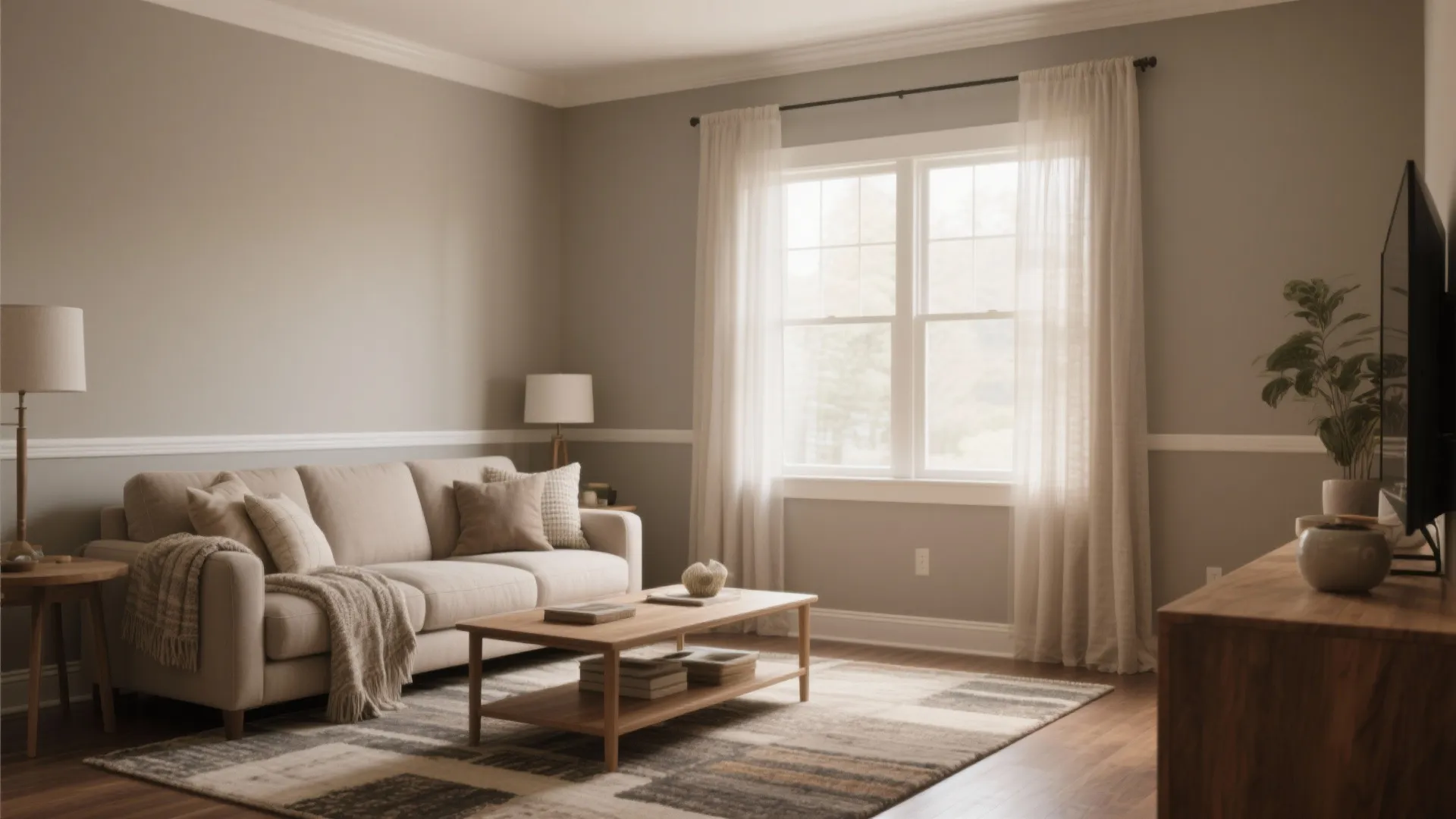 Warm beige living room featuring a comfortable sofa wooden coffee table white curtains and pattern rug