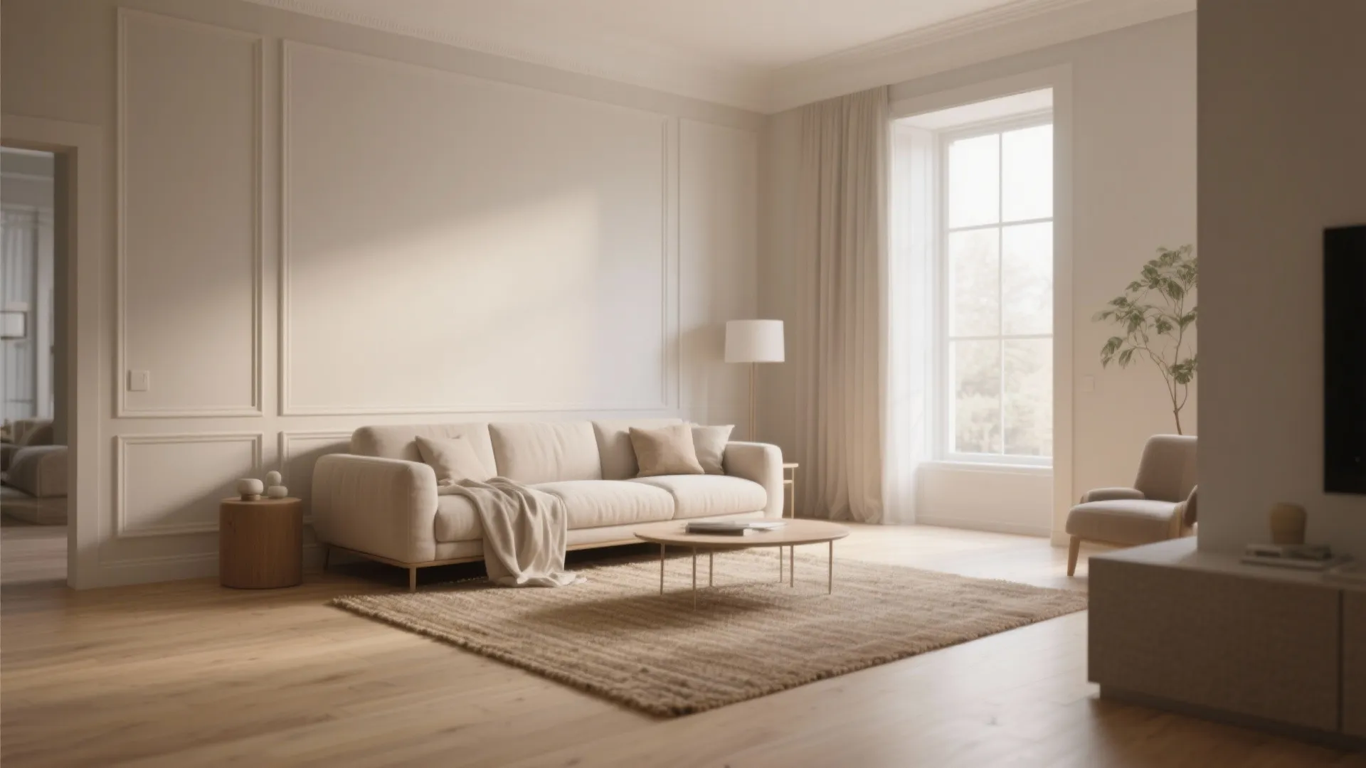 Airy living area with warm greige walls, light wood floors, linen sofa and natural textiles.