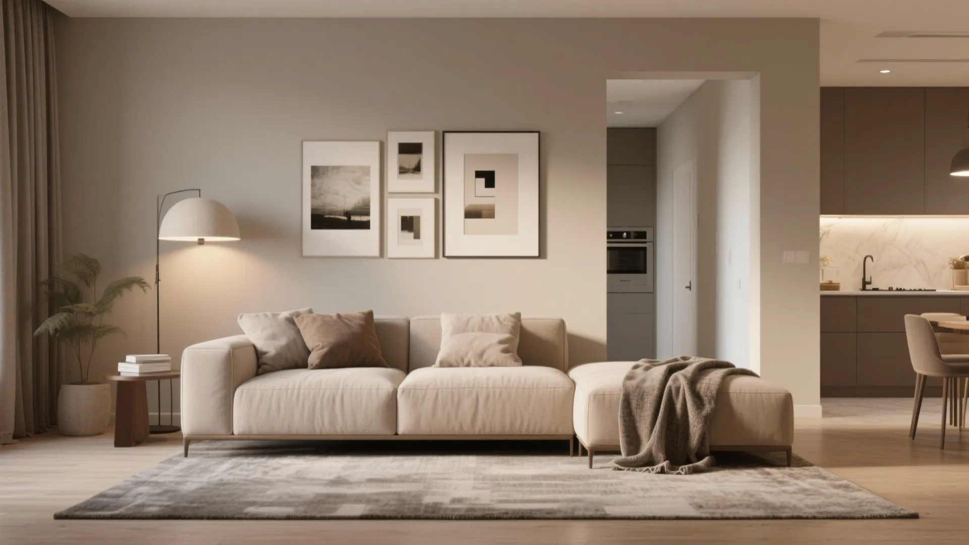 Modern warm living room with beige sofa, floor lamp, art frames, and open kitchen view