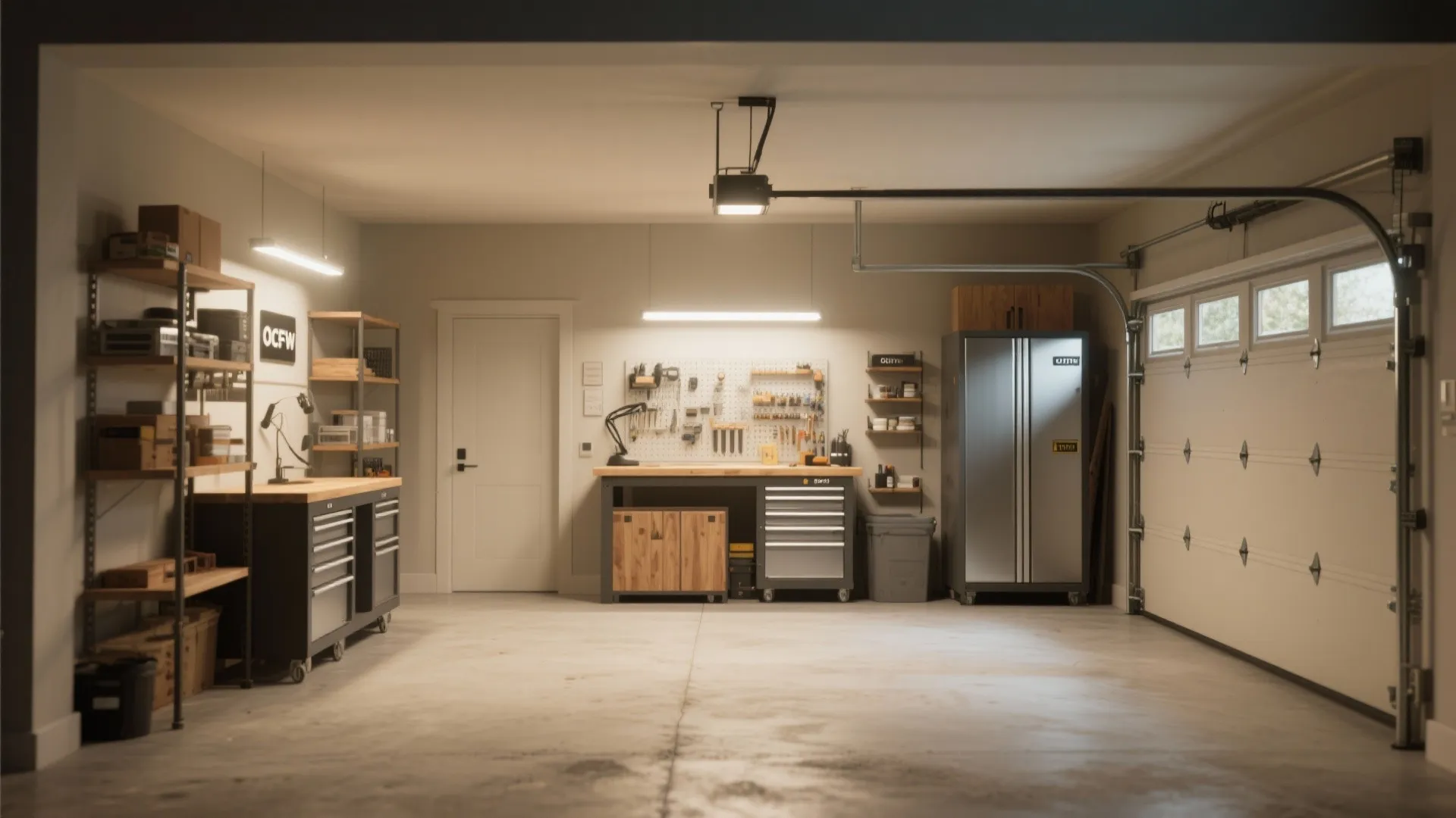 Organized garage interior featuring a wooden workbench metal storage cabinets tool wall and white garage door