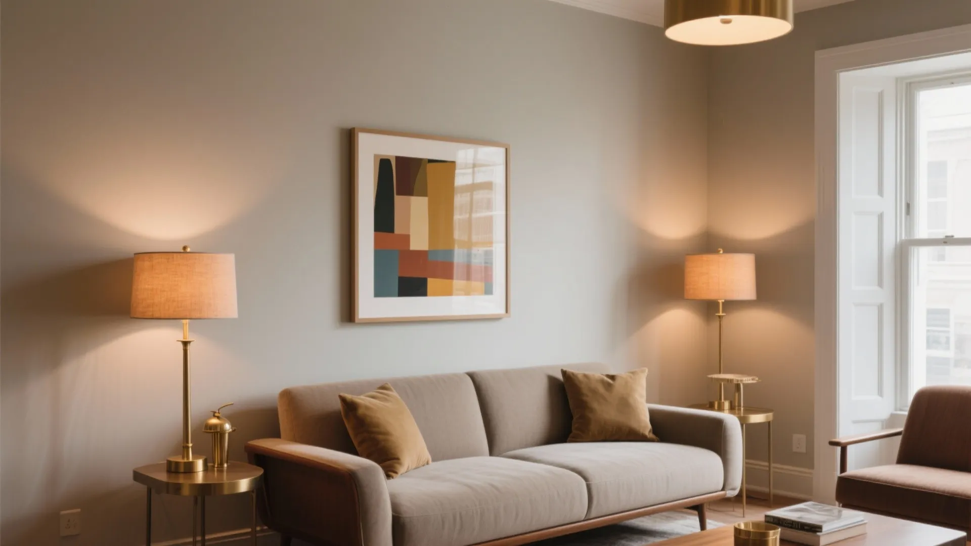 Living room with grey walls, tan sofa, abstract wall art, gold side tables, and lighting