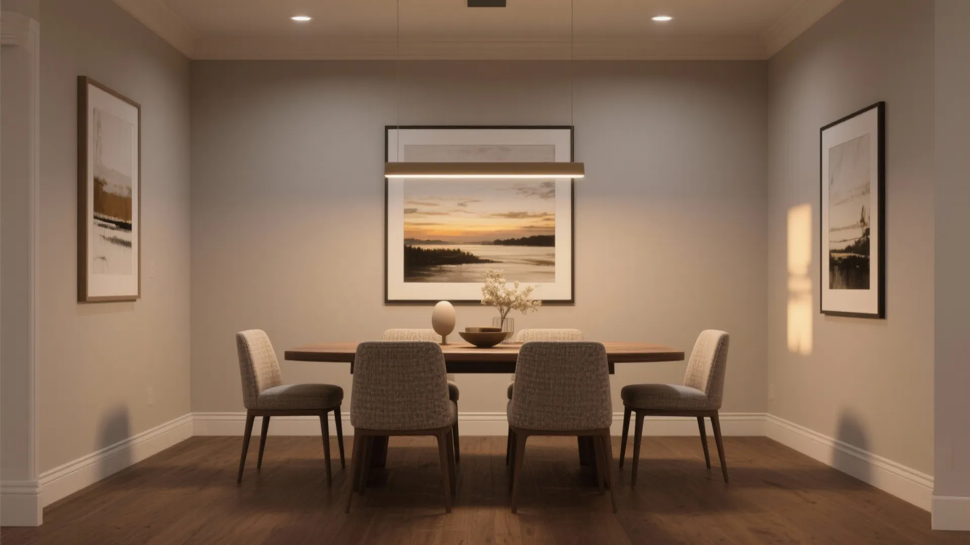 Warm grey dining room with wooden table framed wall art ceiling light and dark wood flooring