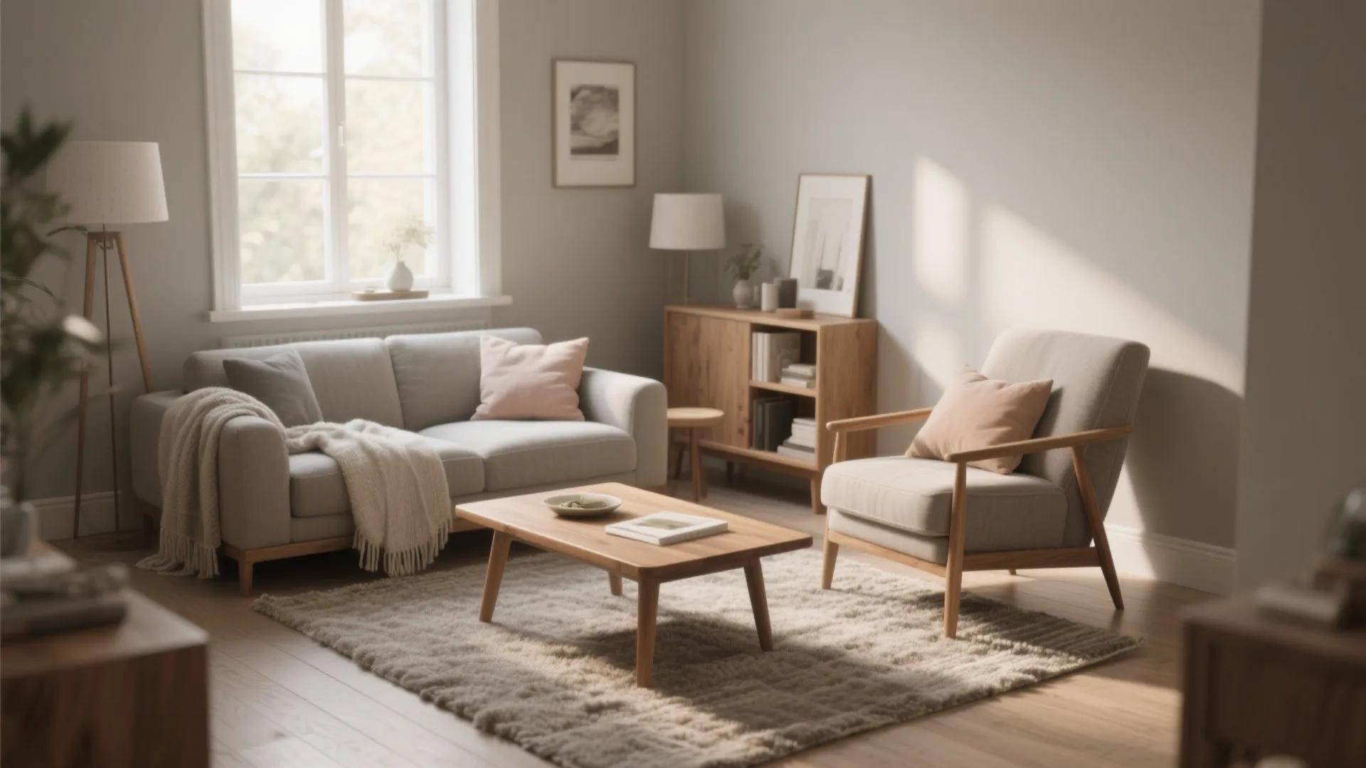 Cozy living room interior with grey sofa wooden cabinet floor lamp rug and natural lighting