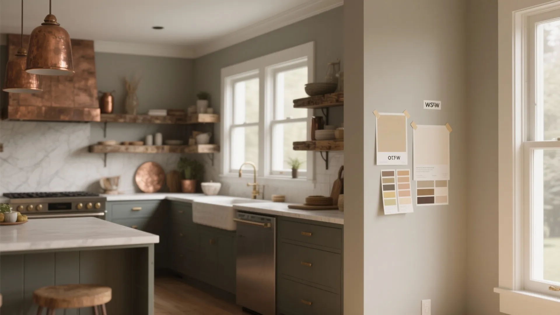 Open-plan farmhouse kitchen painted in warm greige, with reclaimed wood shelving and copper accents.