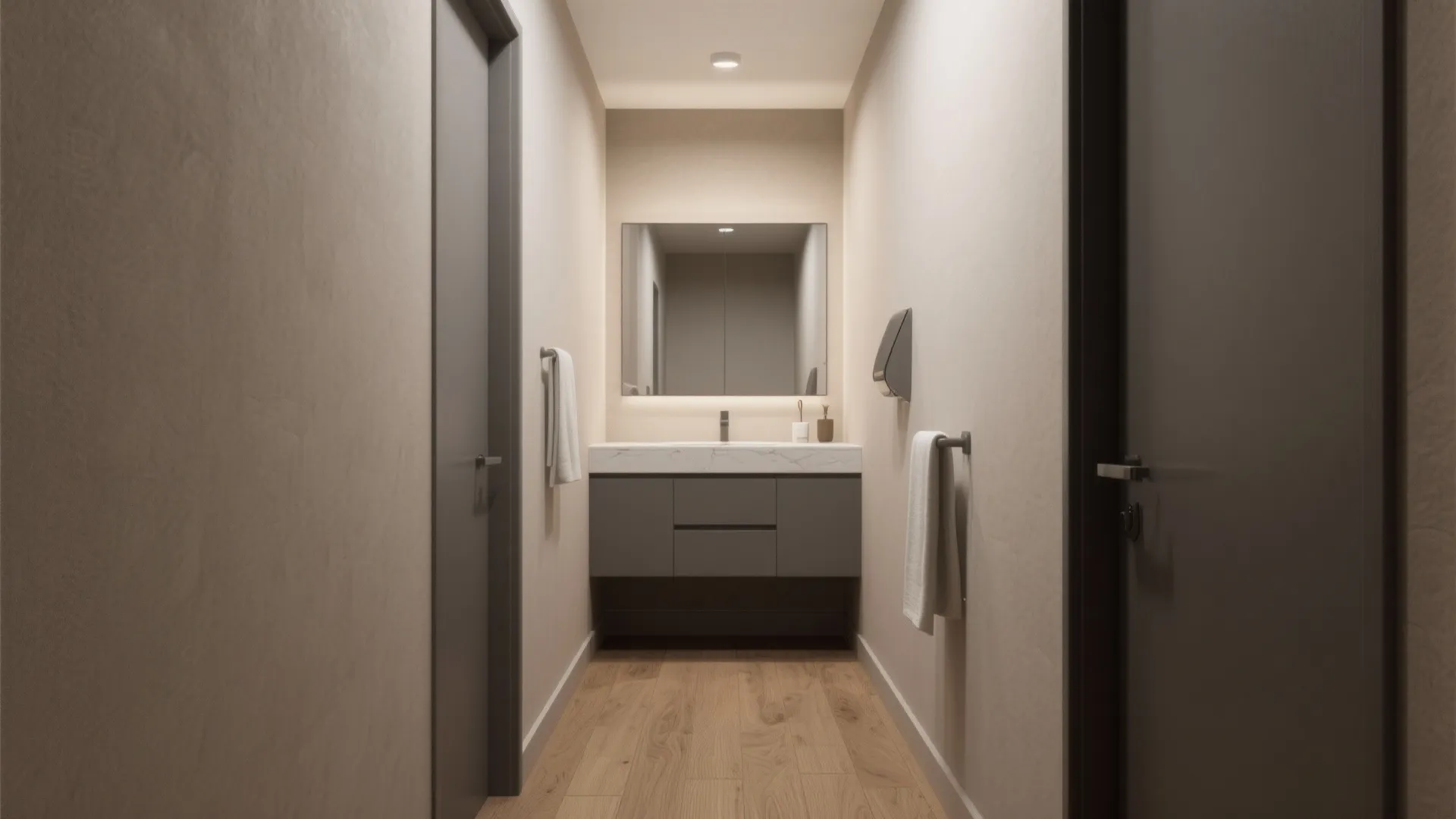 Narrow powder room with gray vanity, warm greige walls and oak floor for a cohesive look.