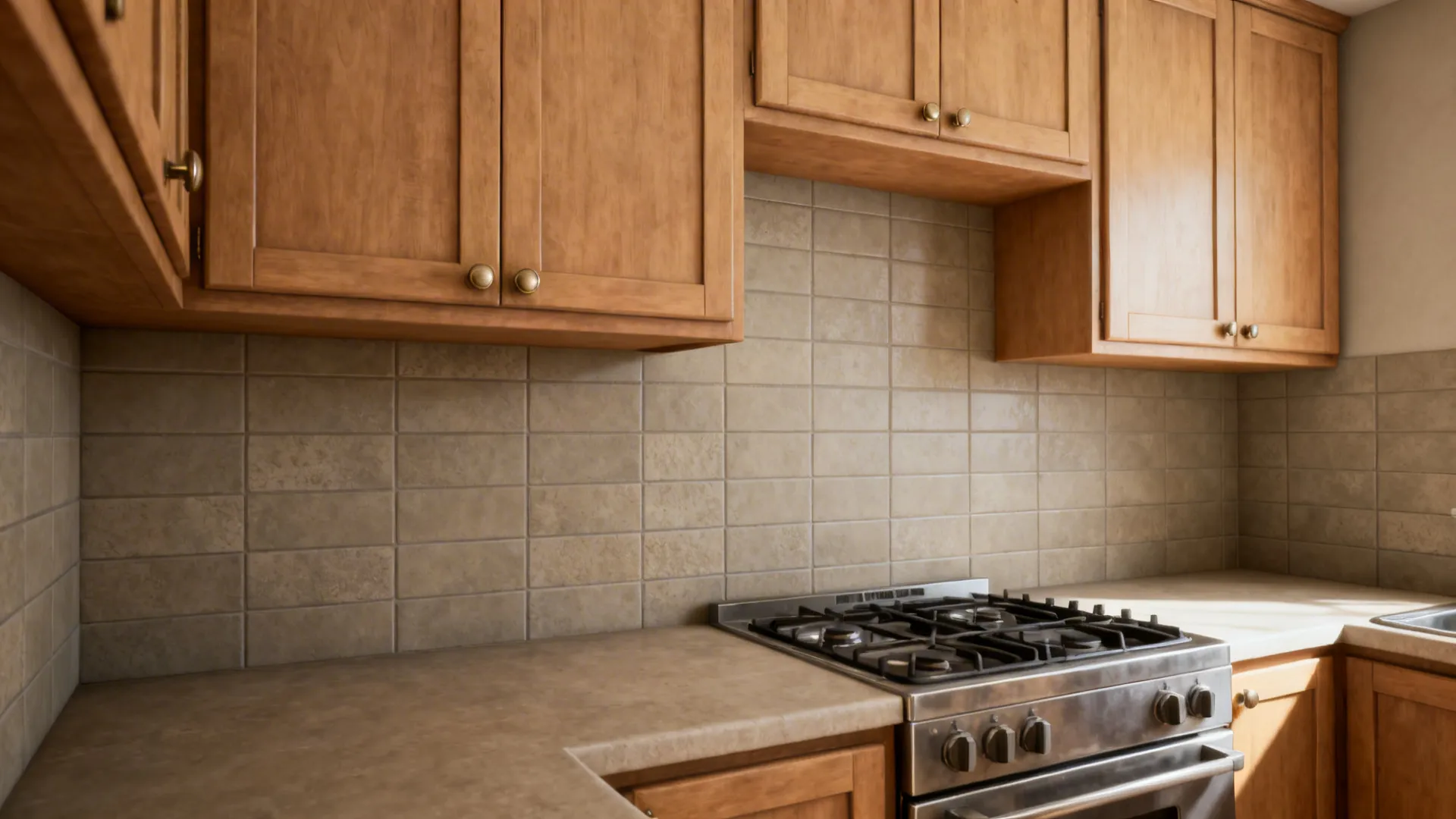 Maple slab cabinets with warm greige textured porcelain backsplash and brushed nickel hardware.