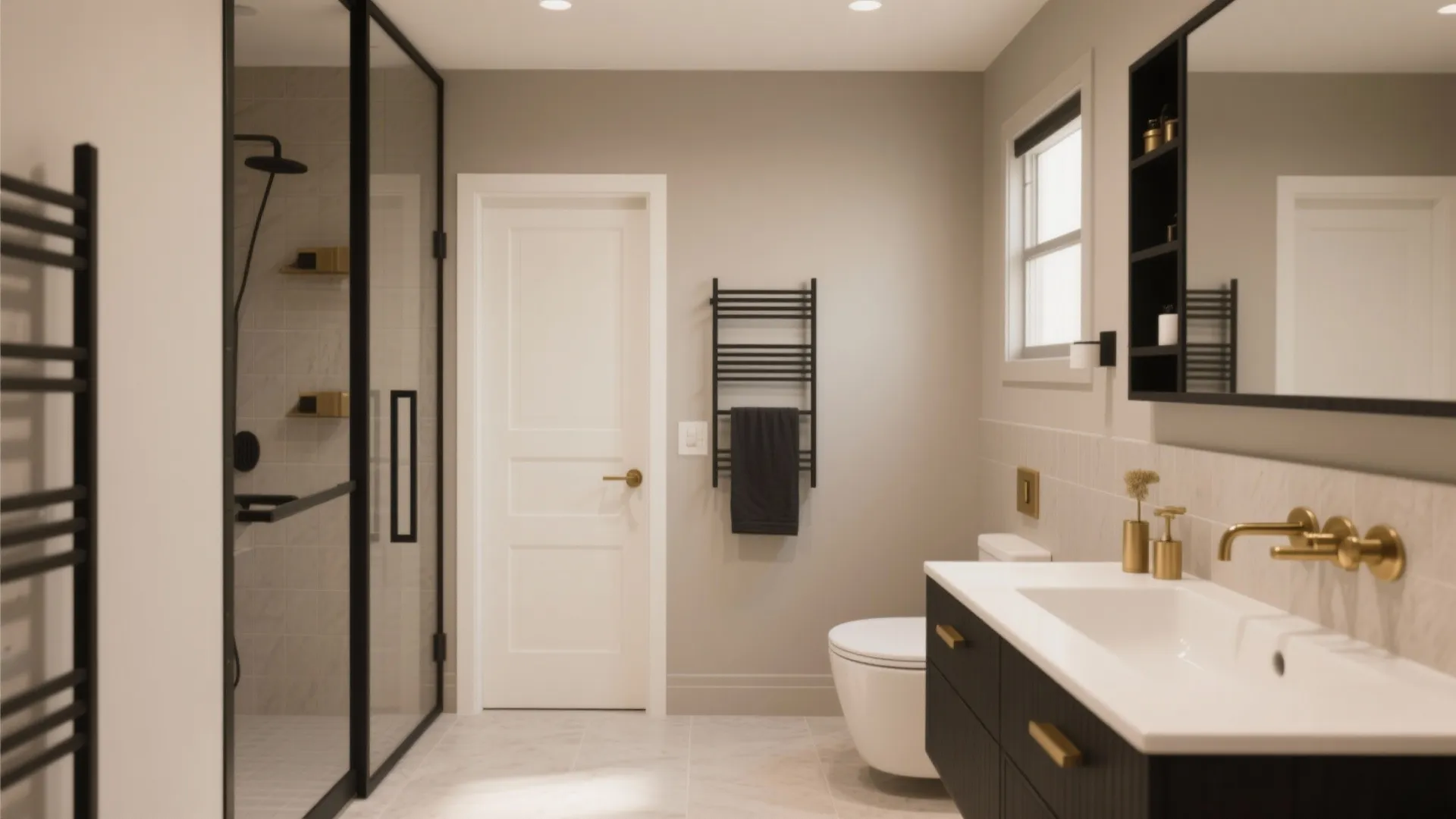 Warm greige bathroom with glass shower door, black cabinet, white sink, gold hardware and toilet