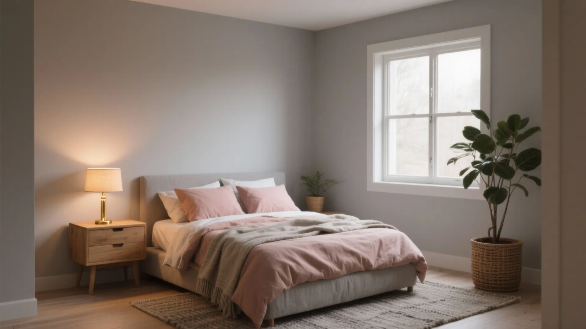 Cozy bedroom with pink bedding wooden nightstand table light large window and a green plant