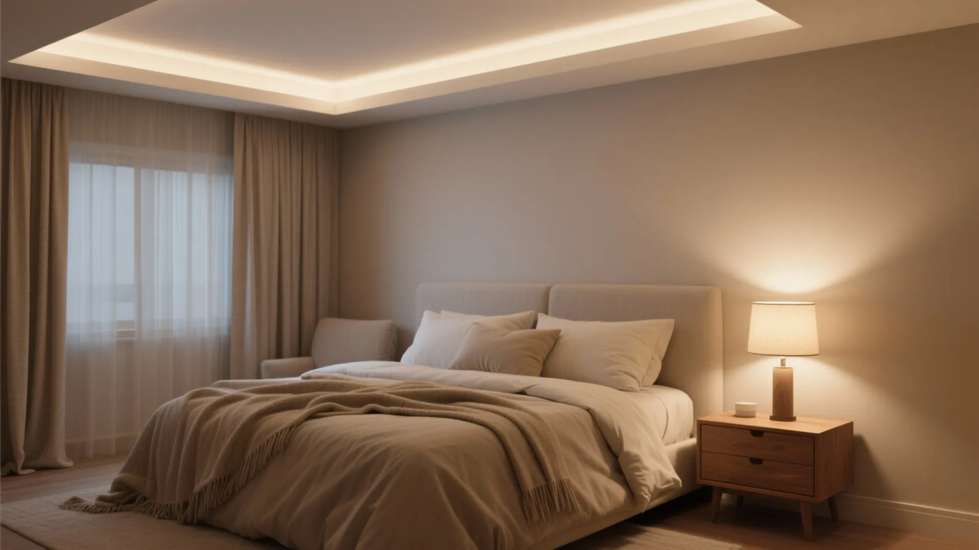 Bedroom with warm gray-beige (greige) walls, layered lighting, and soft tactile textiles