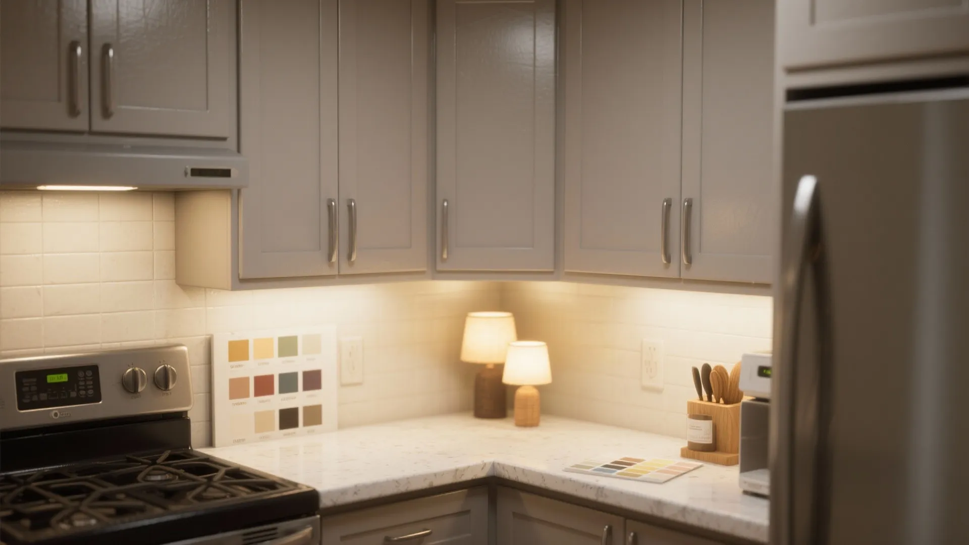 Greige kitchen cabinets with marble countertop and two small lamps and a color palette board