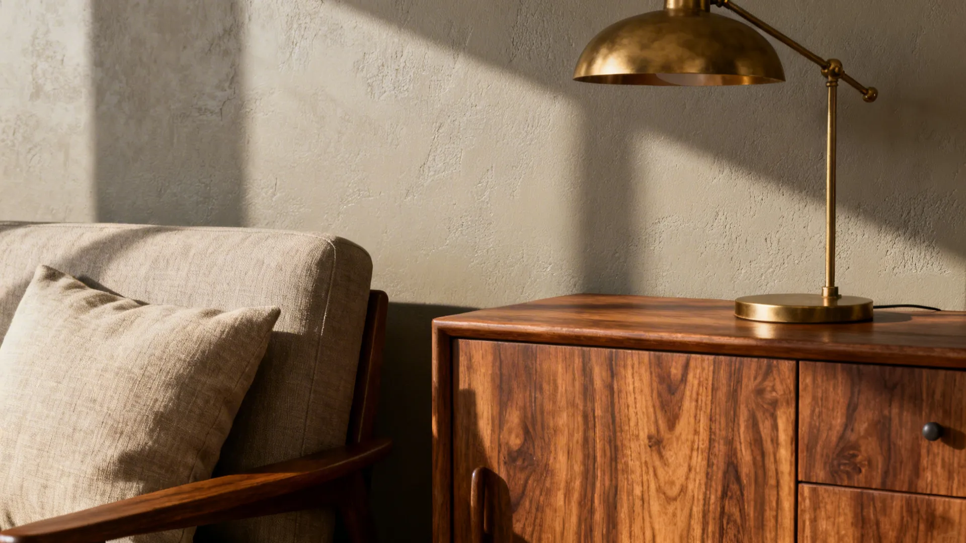 Corner of a living room with warm greige wall, wooden sideboard and brass lamp, showing paint and wood textures.