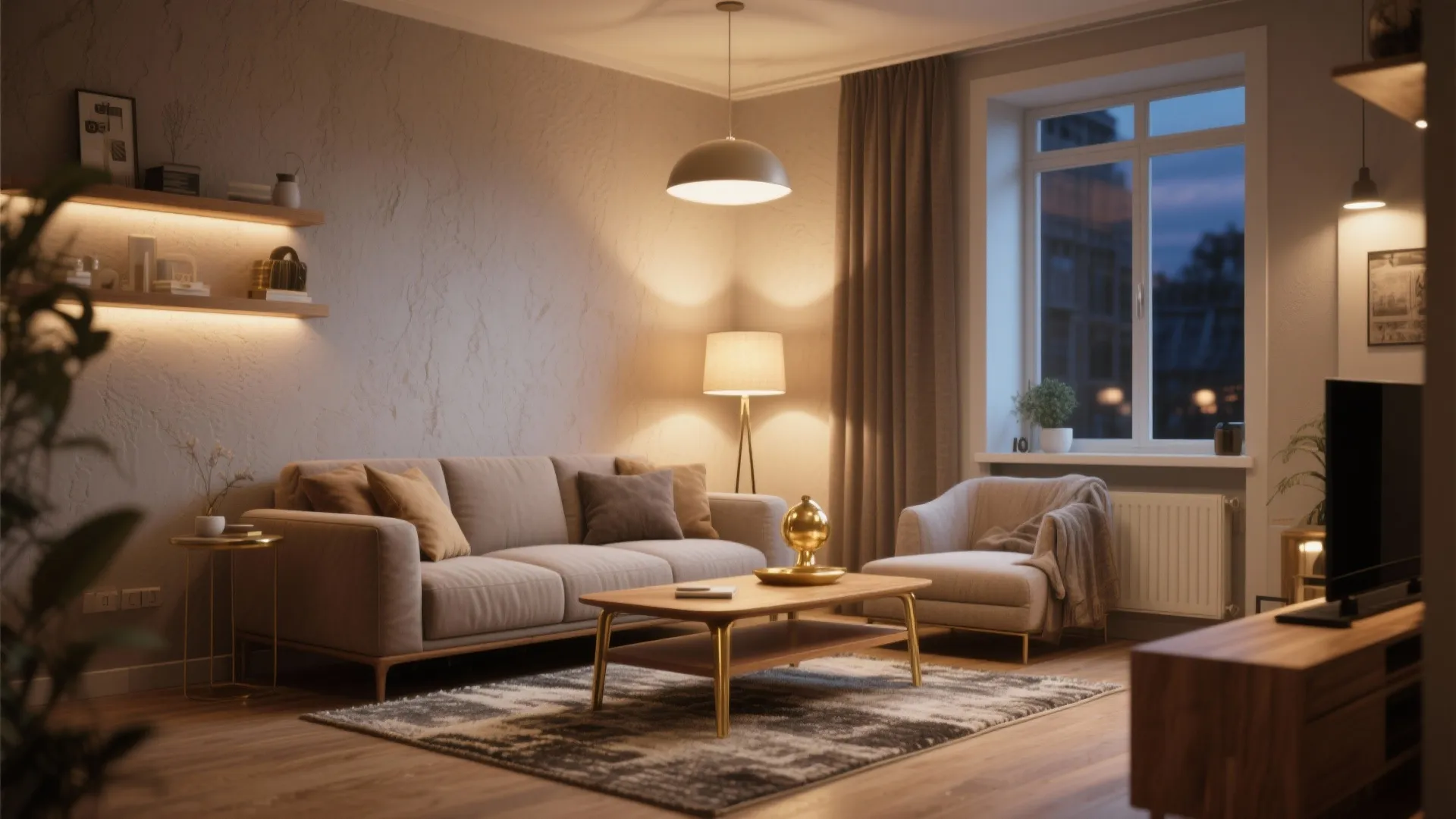 Cozy living room with warm greige walls, brass accents, and layered lighting