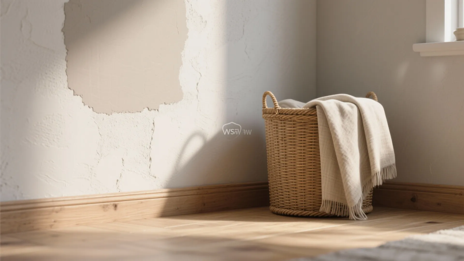 Close-up of warm greige wall texture beside wooden floor and rattan decor