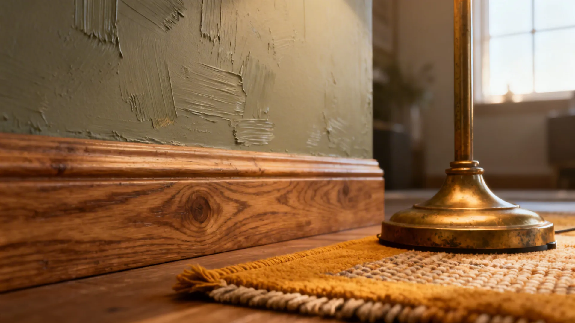Close-up of warm greige wall with oak trim and brass lamp highlighting warm undertone and texture.