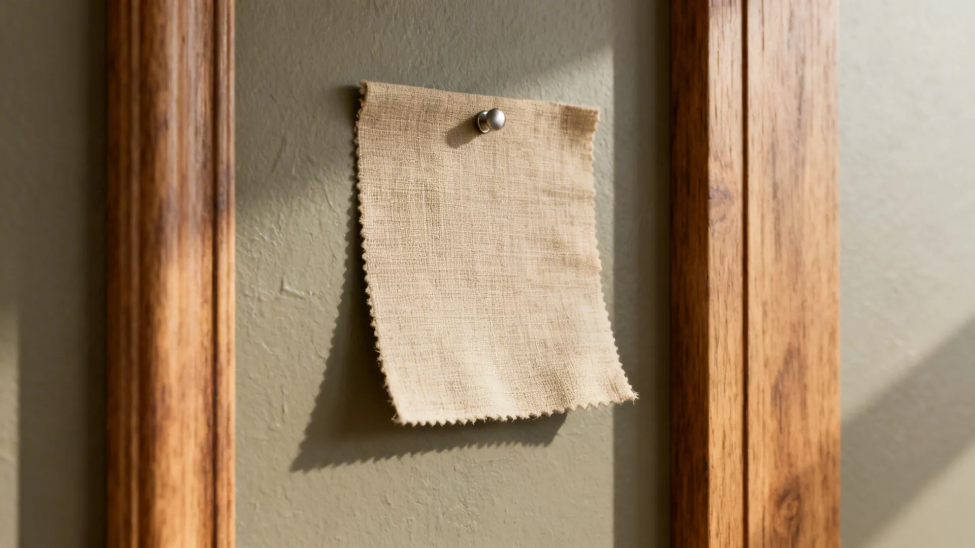 Close-up of warm greige wall beside oak trim and linen fabric sample showing undertones.