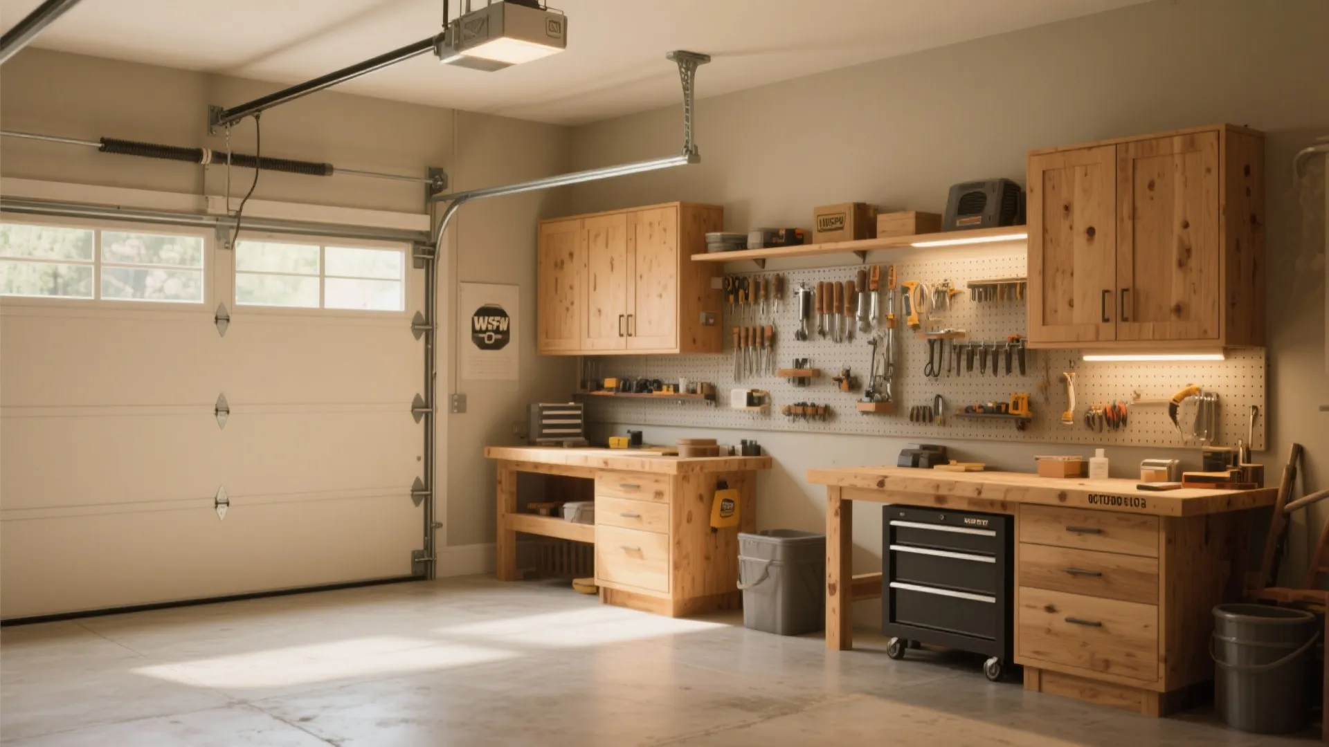 Organized garage featuring warm greige walls wooden cabinets two workbenches pegboard and white garage door