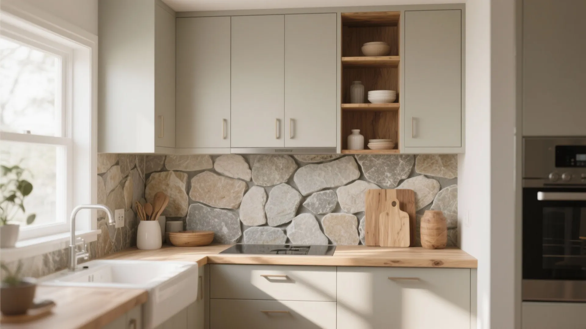 Warm greige kitchen with wood countertop stone wall backsplash white sink and light green cabinets