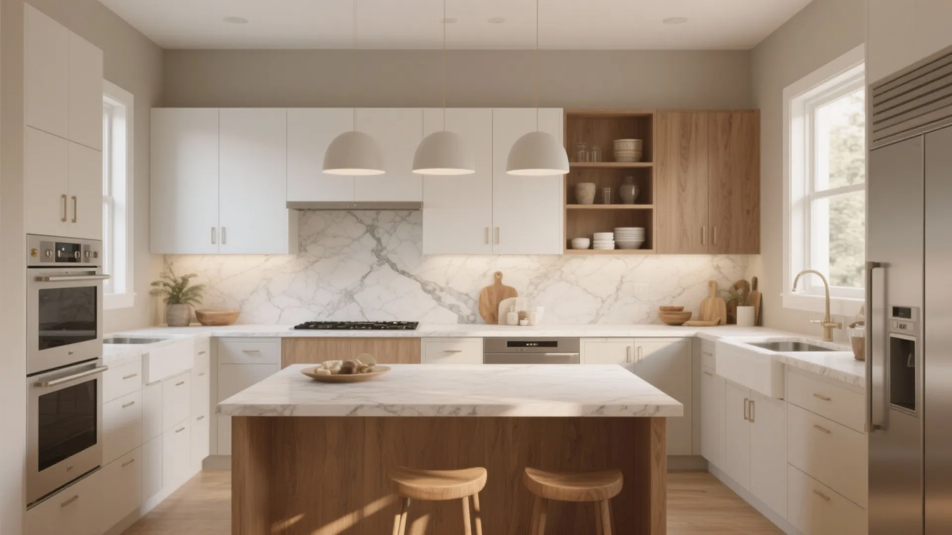 Modern white and wood kitchen with marble backsplash central island three ceiling lights and wooden stools