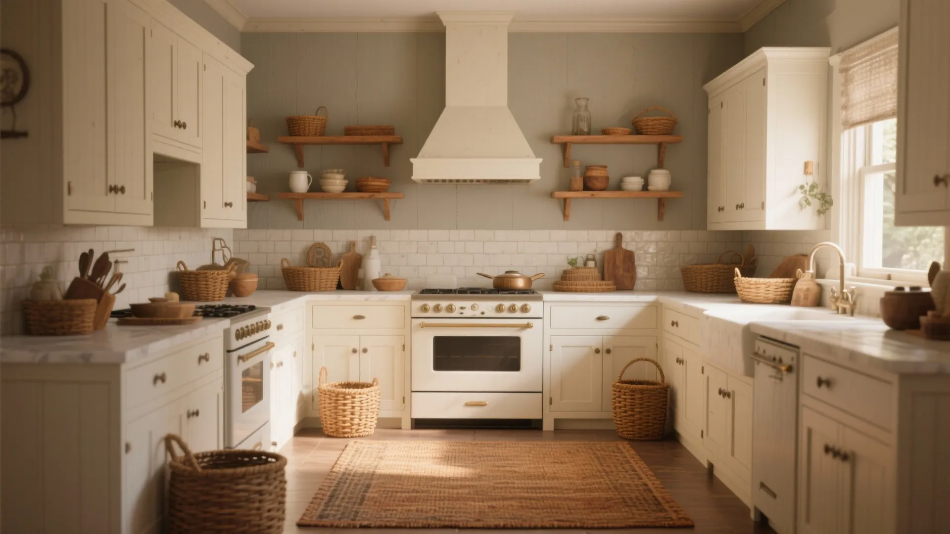 Cozy kitchen with greige walls, antique white cabinets and honey oak open shelving with woven accents