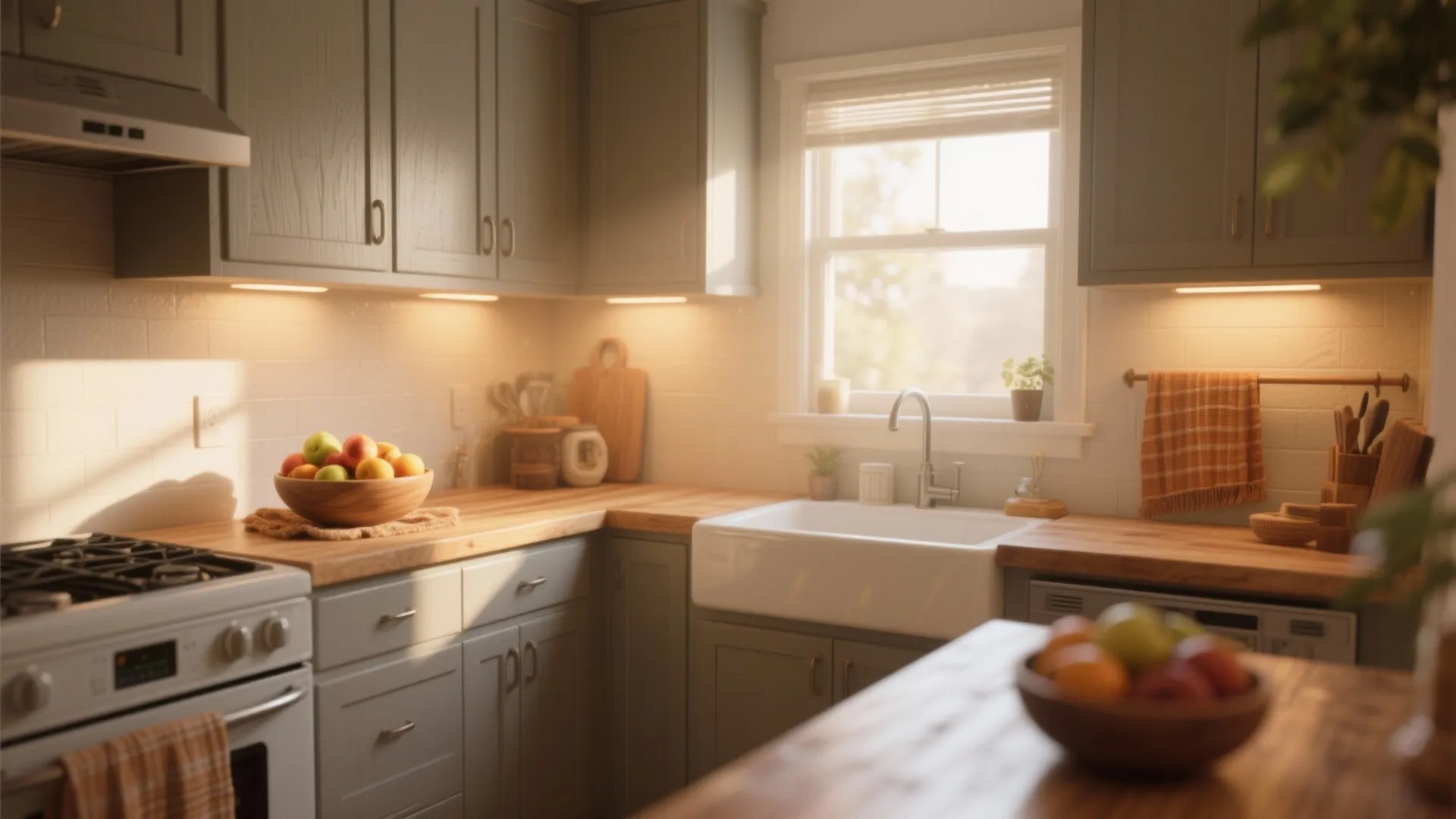 Small kitchen with warm greige cabinets and wood countertops in soft daylight.