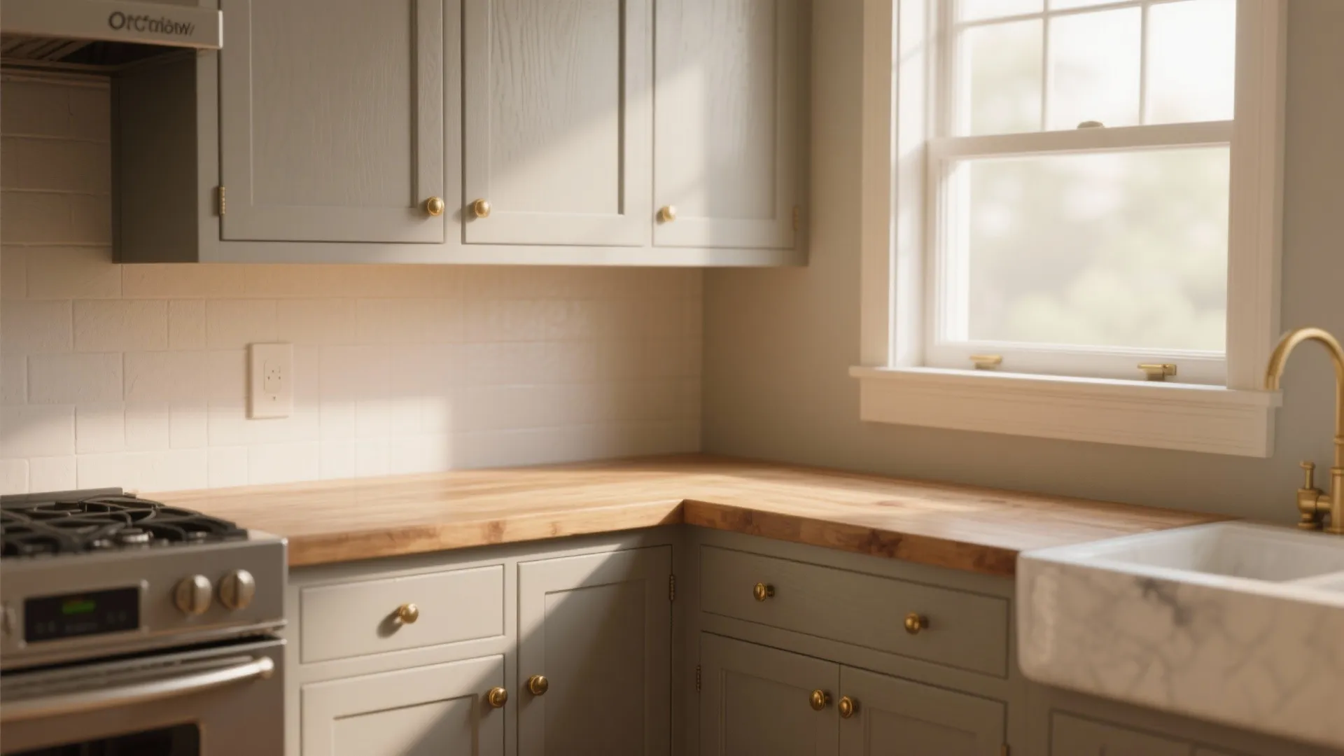 Close up view of light grey kitchen cabinets wooden countertop marble sink and sunny white window