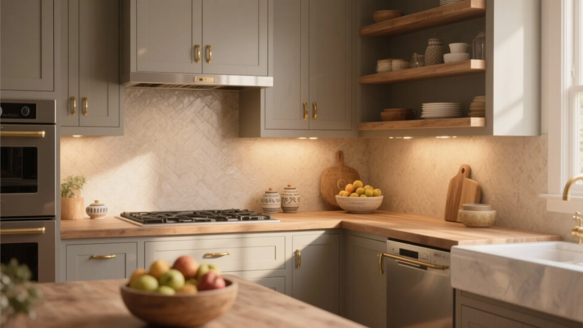 Cozy kitchen with warm greige cabinets, brass hardware and wood shelving under soft daylight.