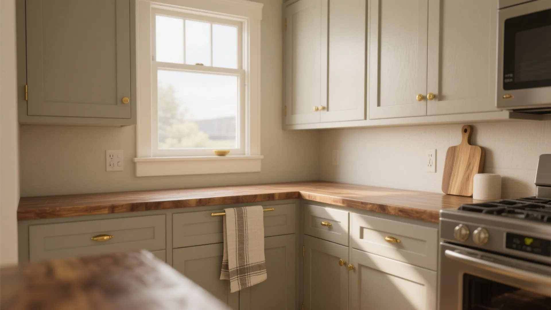 North-facing small kitchen corner with warm greige cabinets and walnut counters under soft daylight.