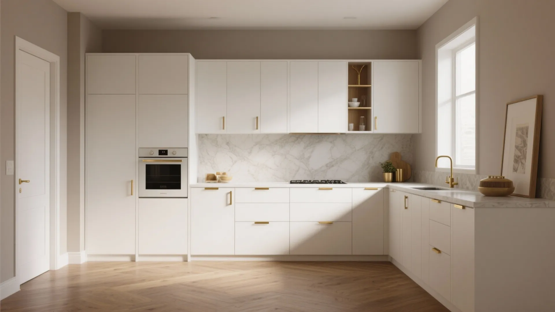Modern kitchen with white cabinets and warm greige walls, wood floor and brass accents