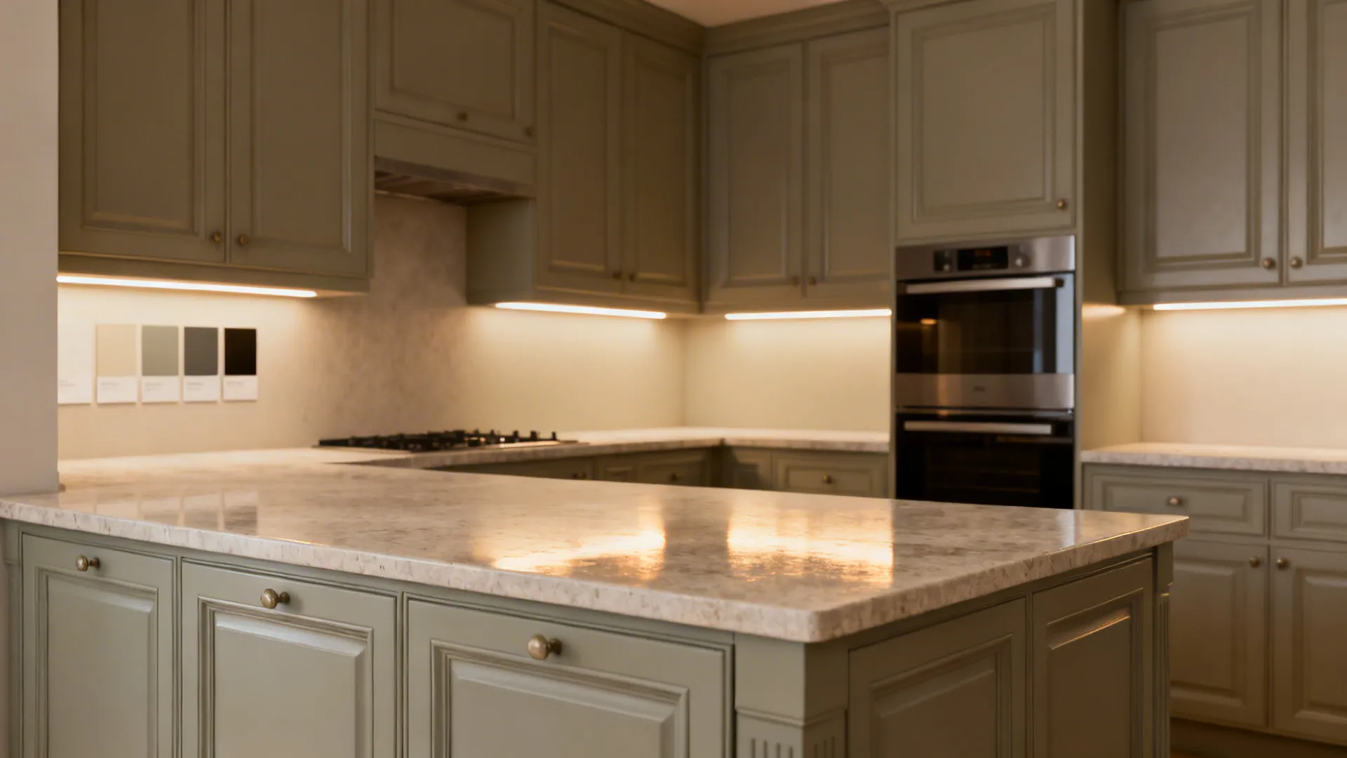 Apartment kitchen repainted in warm greige, feeling more spacious than bright white