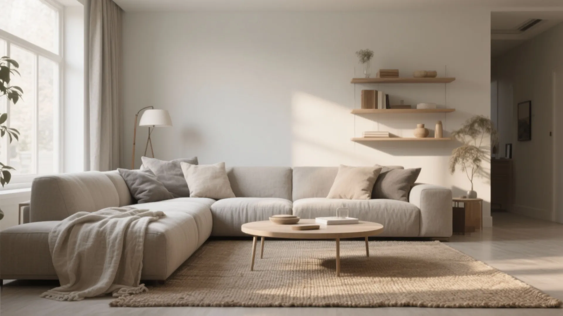 Greige living room with layered tones and natural textures