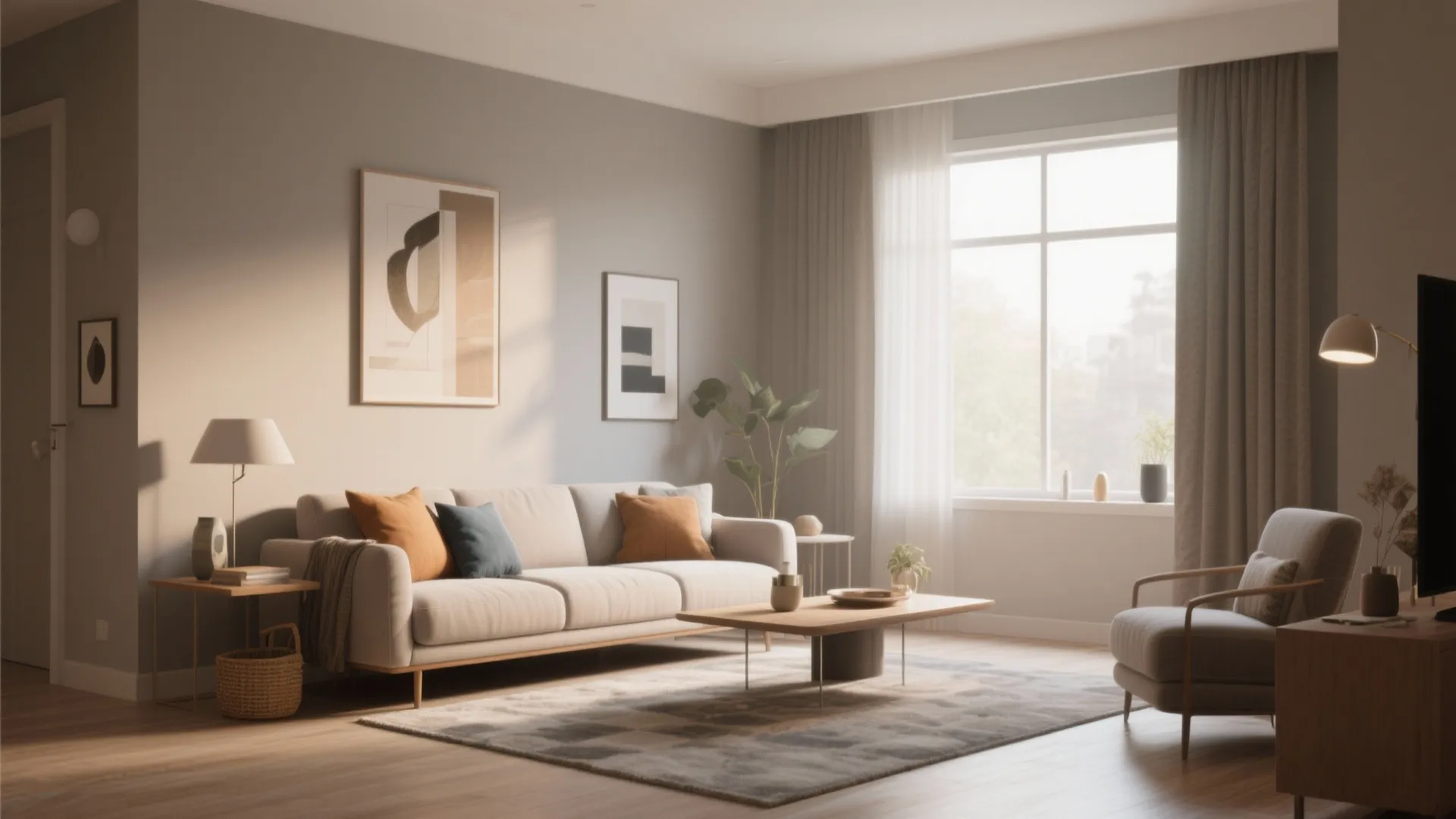 Living room with warm greige walls and cozy decor