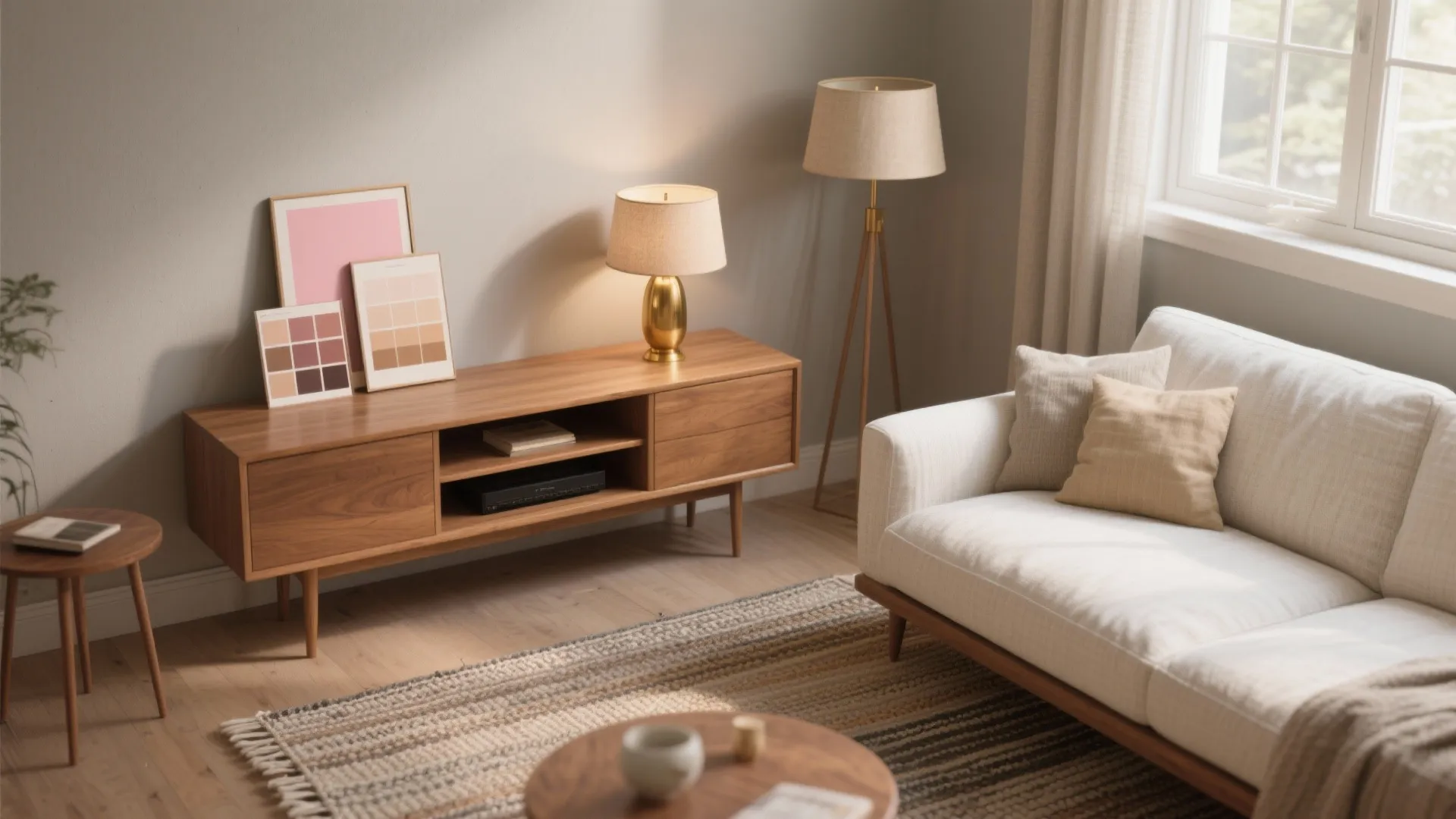 Warm living room with wooden cabinet white sofa floor lamp rug and natural window light