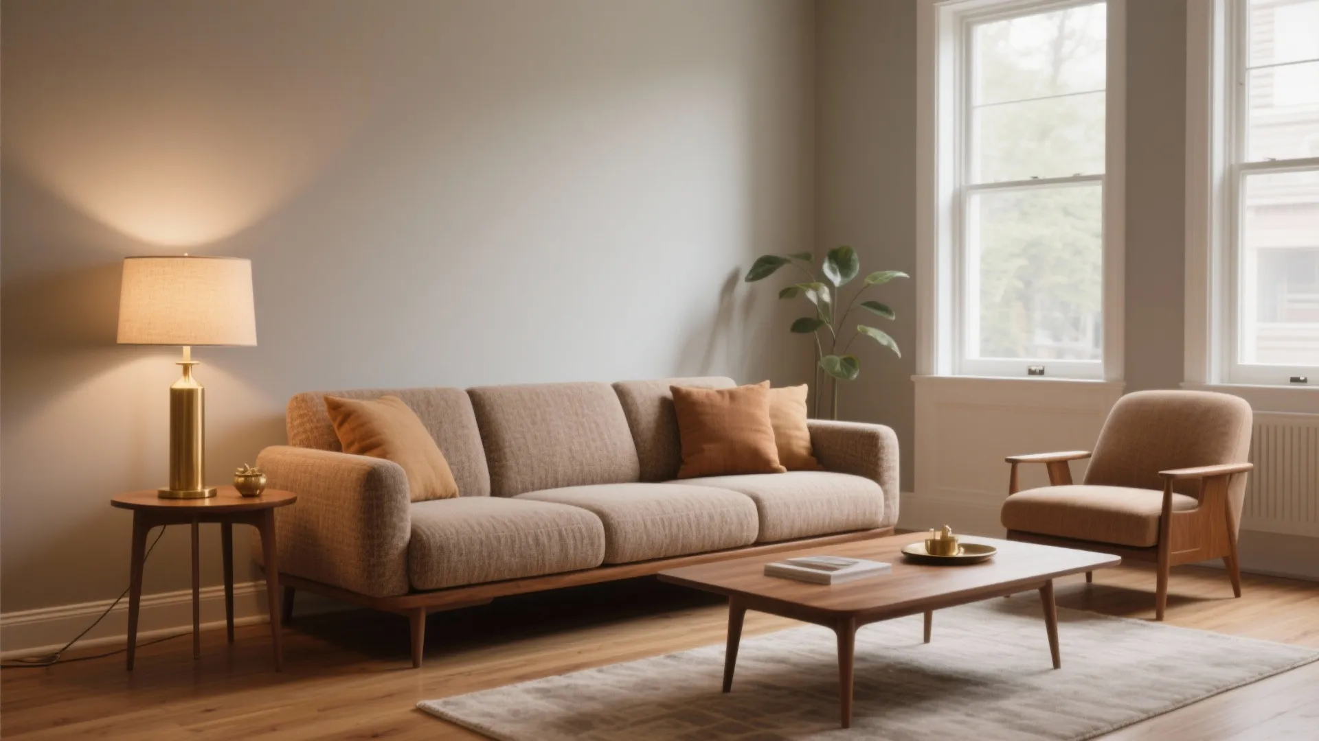 Modern living room with tan sofa wooden coffee table gold table lamp and large green plant