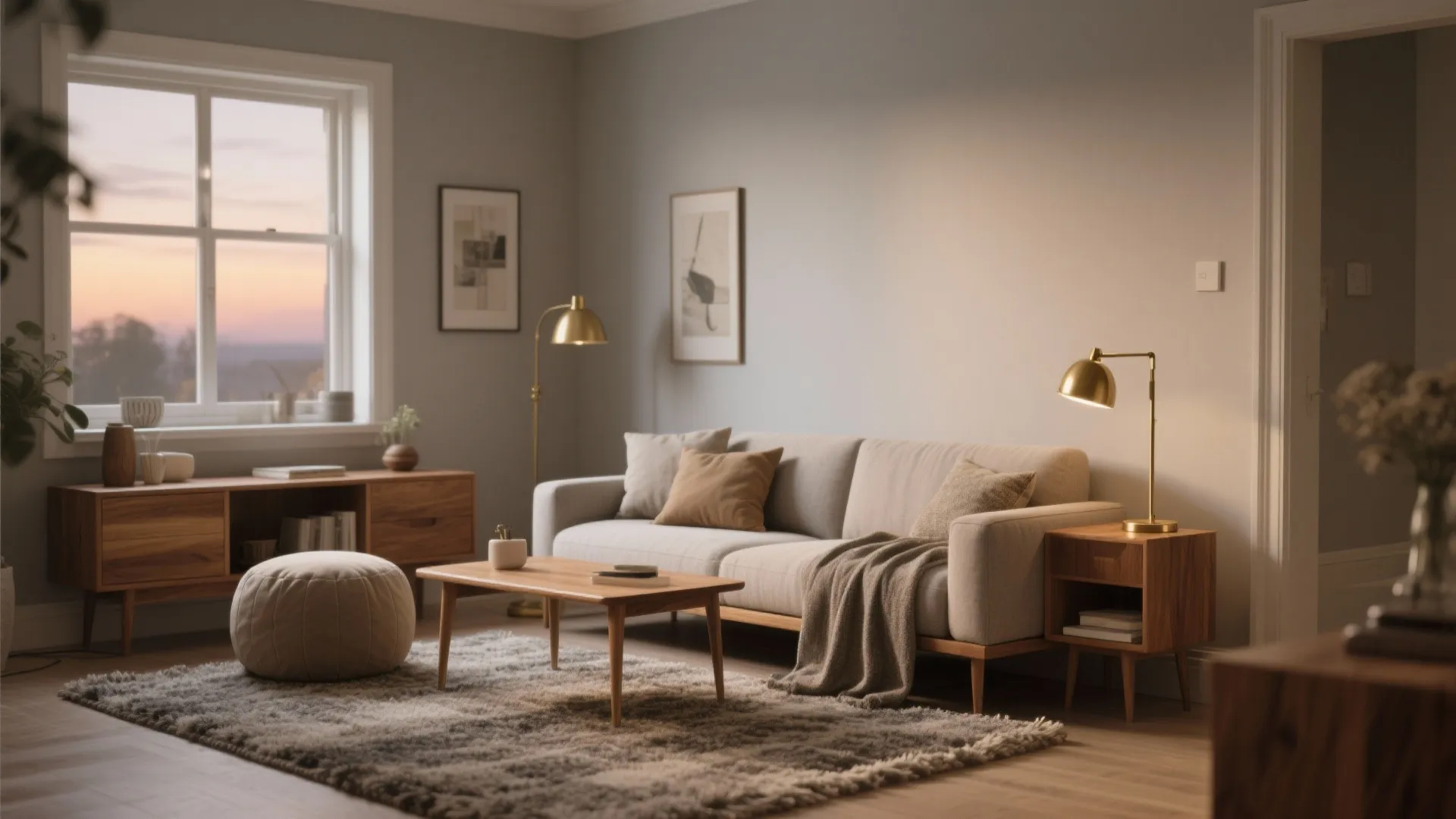 Small living room painted warm greige layered with wood furniture, brass lamp, rug and textiles to show cozy warmth.