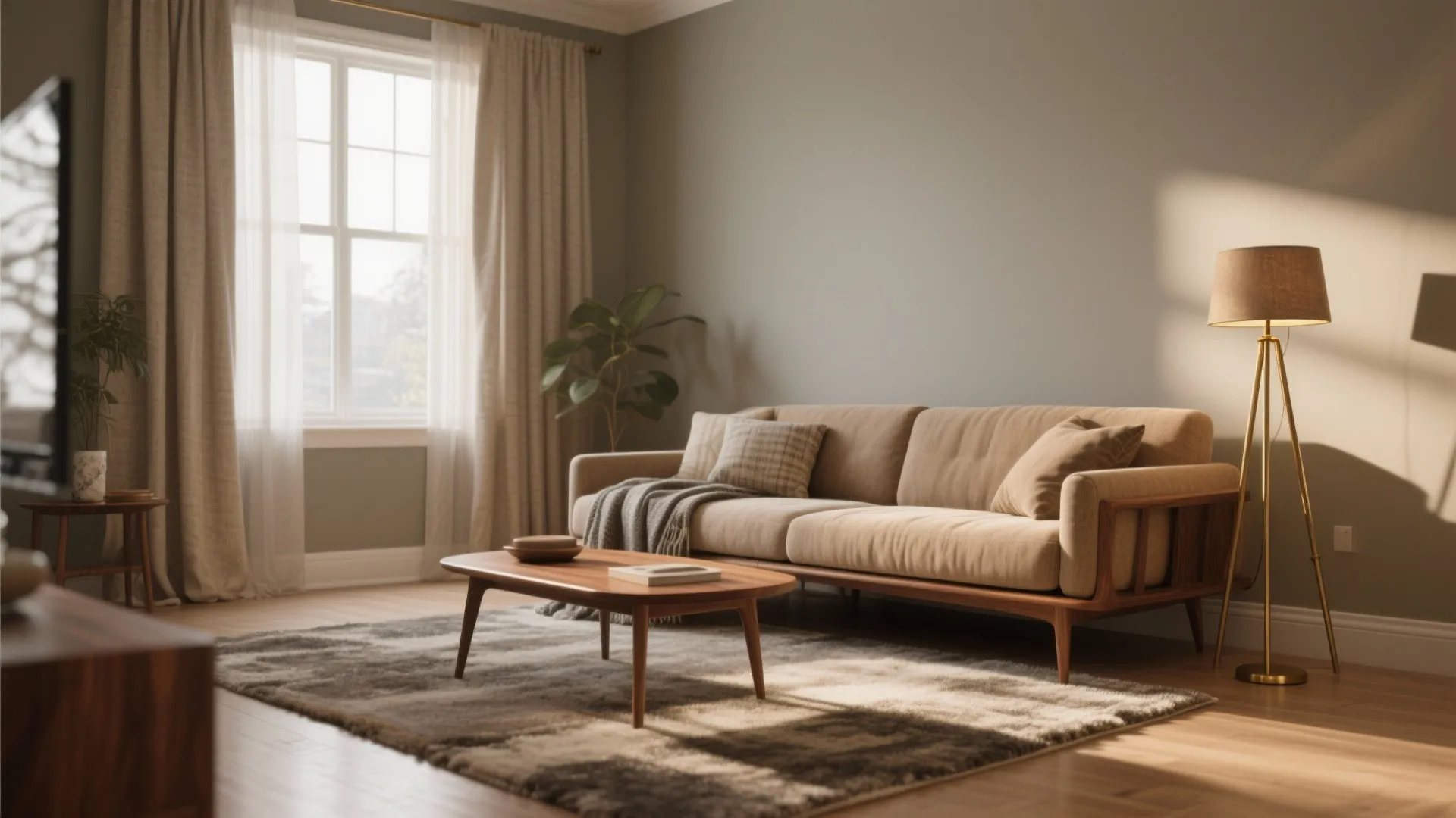 Warm living room with tan sofa wooden coffee table gold floor lamp grey rug curtains