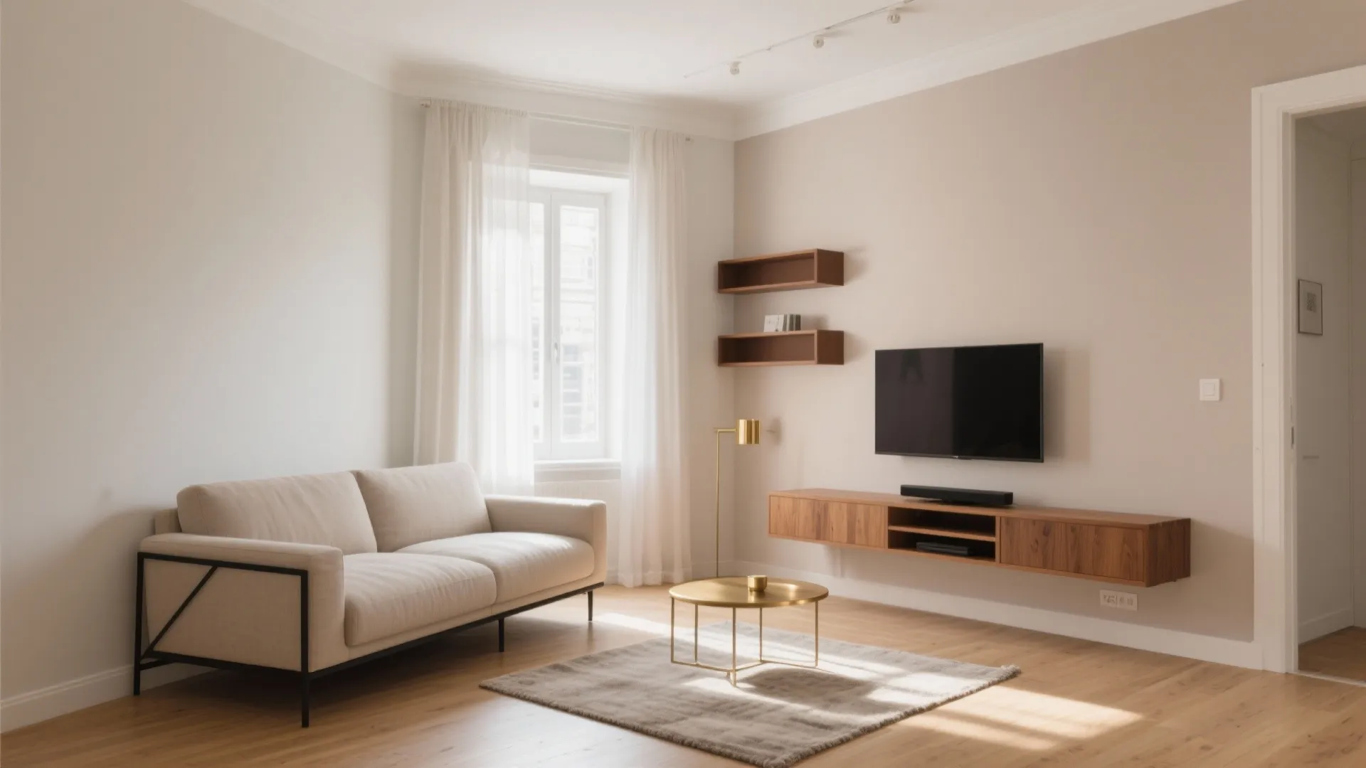 Modern living room with beige sofa wood cabinet television small gold table and white curtains