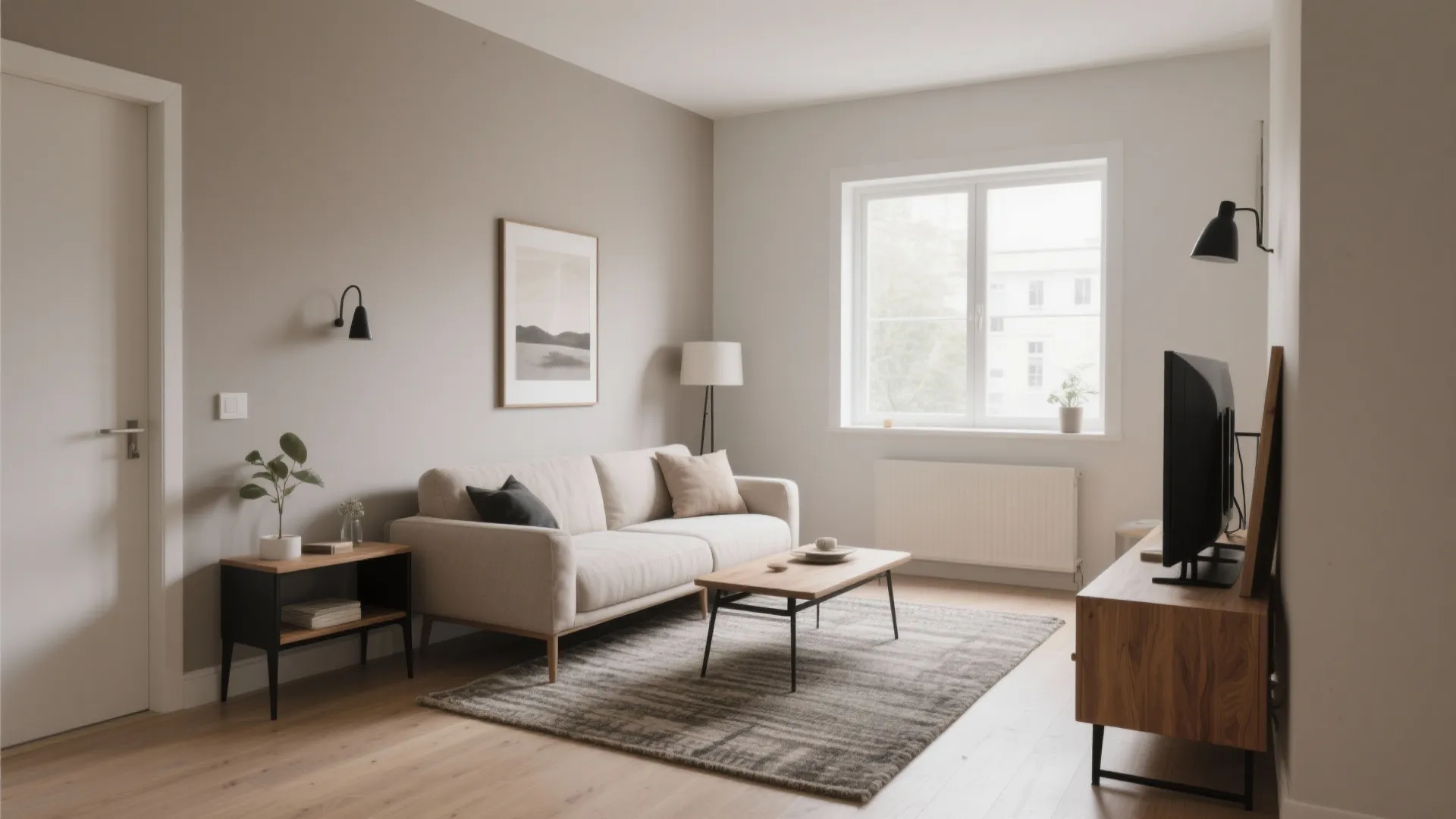 Warm greige living room with beige sofa wooden coffee table grey rug and natural light