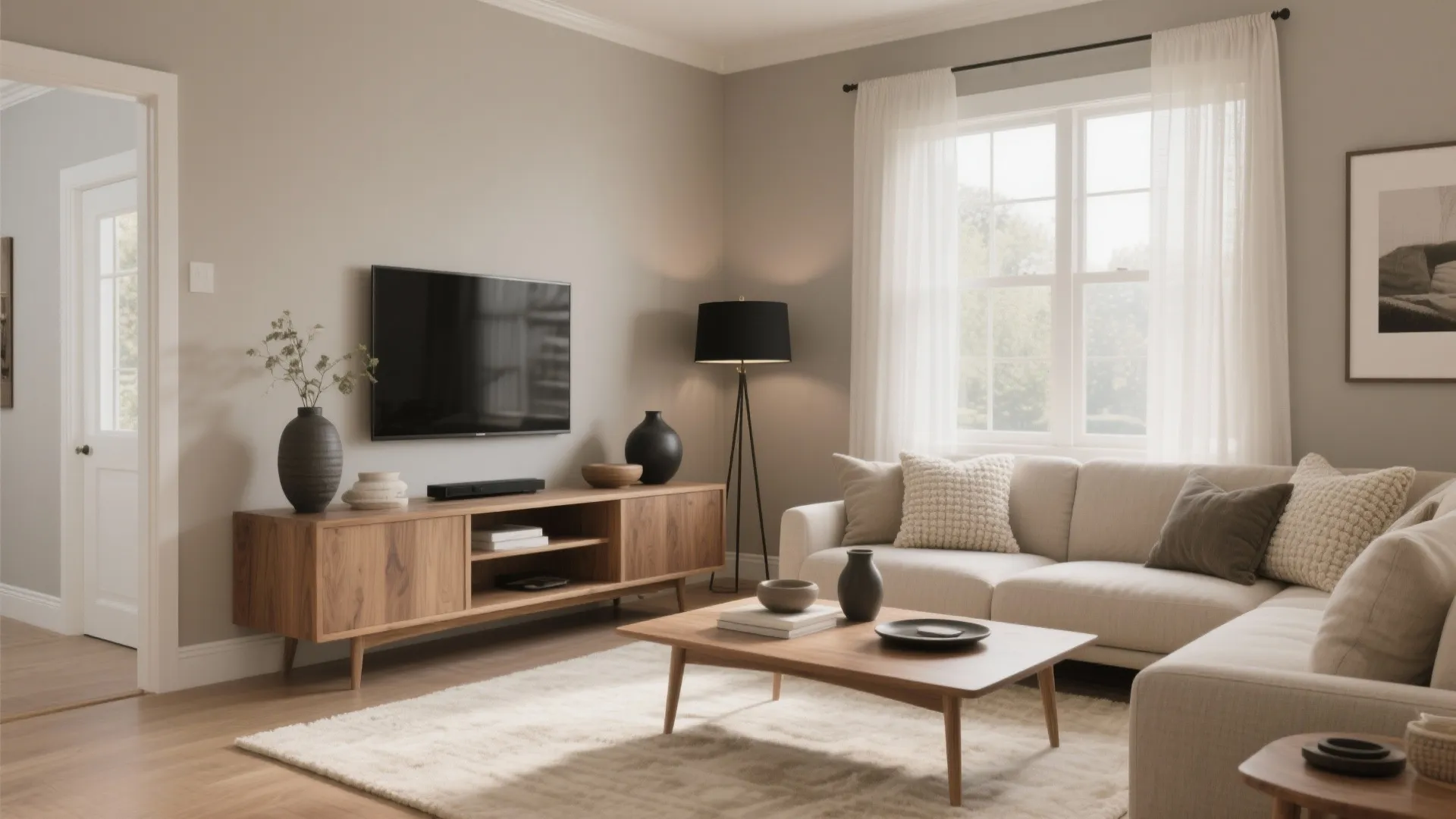 Warm neutral living room with sofa wood coffee table white rug curtain and natural window