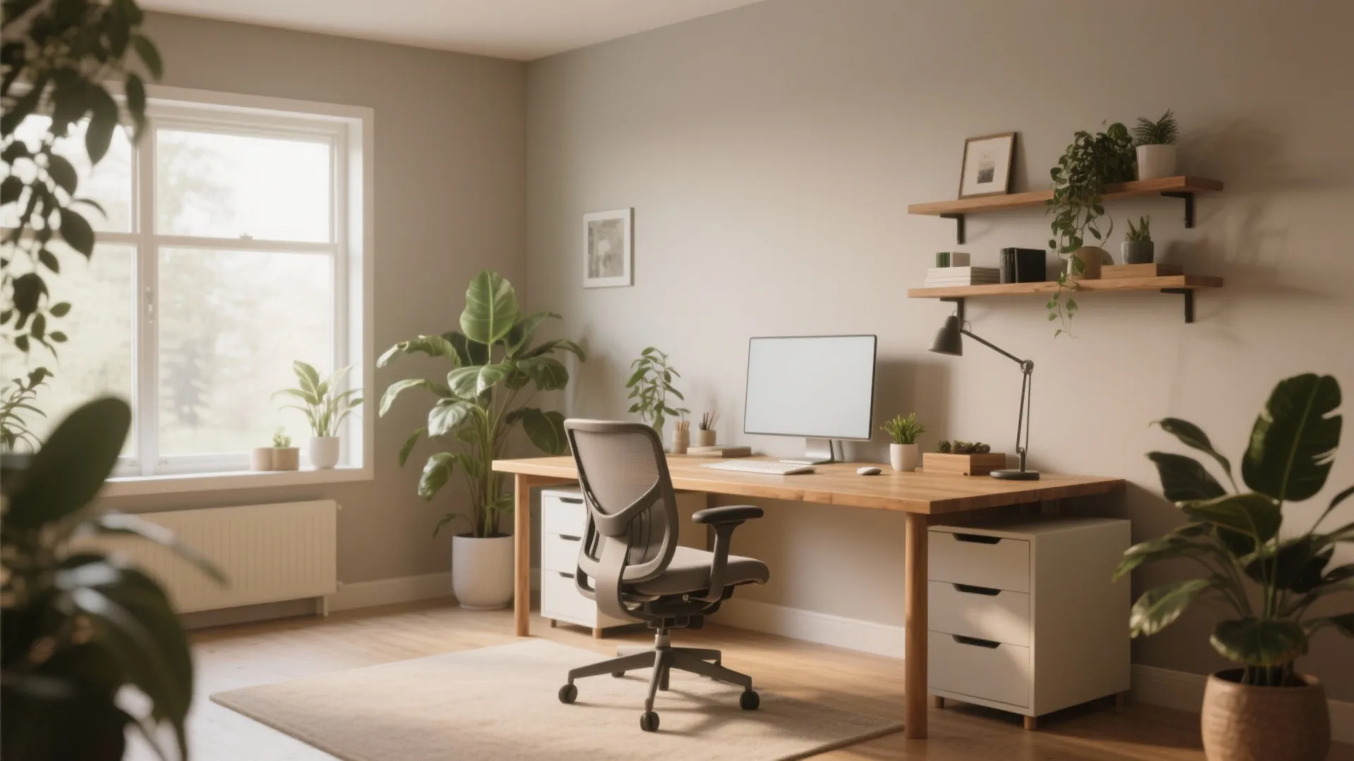 Home office with wooden desk and grey chair plus wall shelves and green potted plants