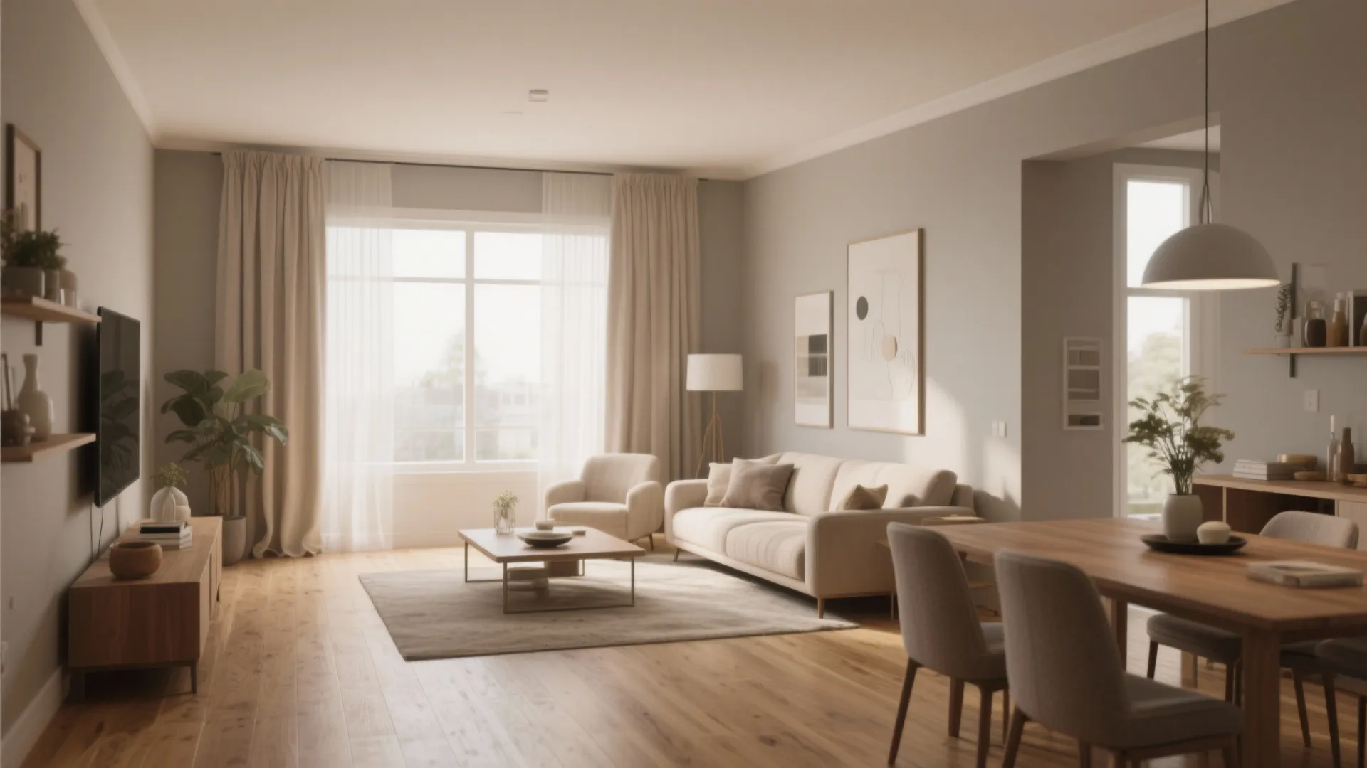 Warm greige living-dining space with linen curtains