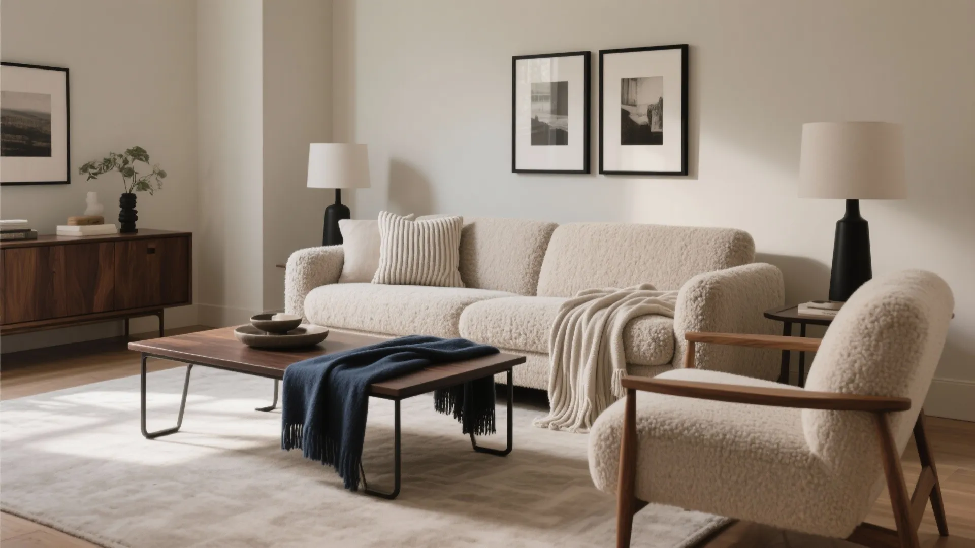 Modern living room with white sofa wooden coffee table blue blanket black lamps and art
